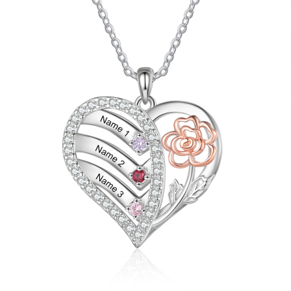 Personalised Heart & Flower Birthstone Necklace Custom 3 Family Names Mother Necklace Christmas Gift-Jessemade AU