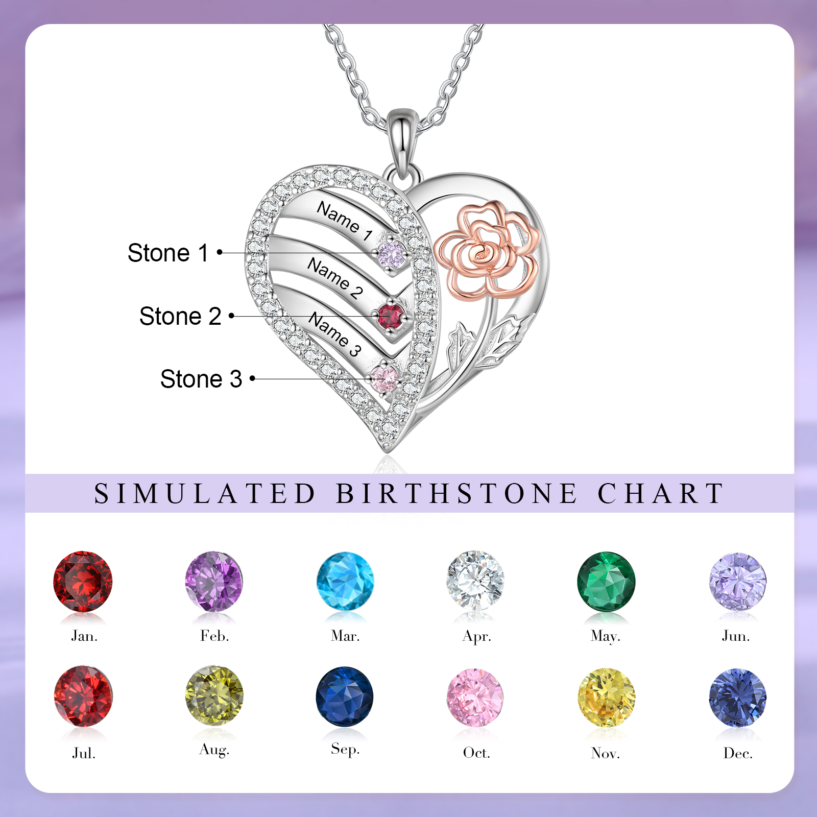 Personalised Heart & Flower Birthstone Necklace Custom 3 Family Names Mother Necklace Christmas Gift