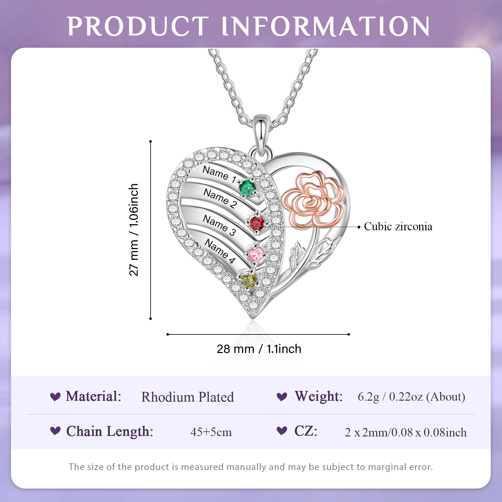 Personalised Heart & Flower Birthstone Necklace Custom 4 Family Names Mother Necklace Christmas Gift-Jessemade AU