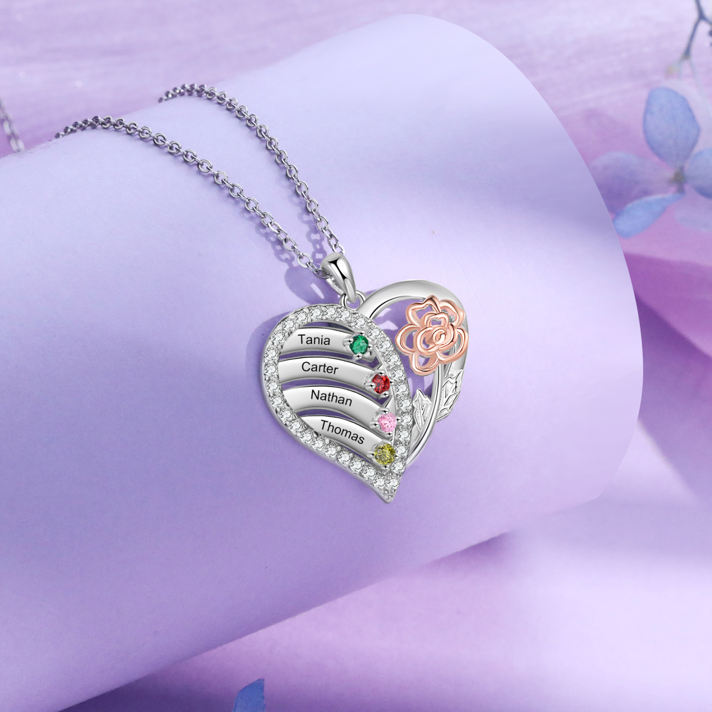 Personalised Heart & Flower Birthstone Necklace Custom 4 Family Names Mother Necklace Christmas Gift-Jessemade AU