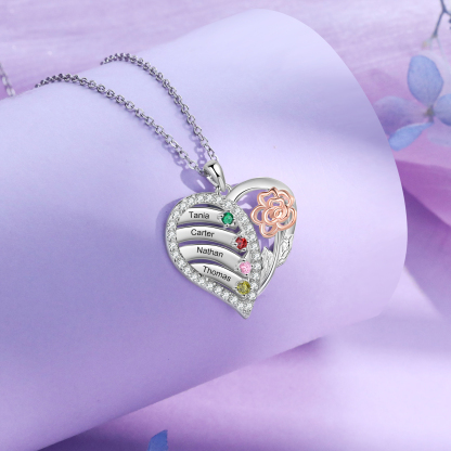 Personalised Heart & Flower Birthstone Necklace Custom 4 Family Names Mother Necklace Christmas Gift-Jessemade AU