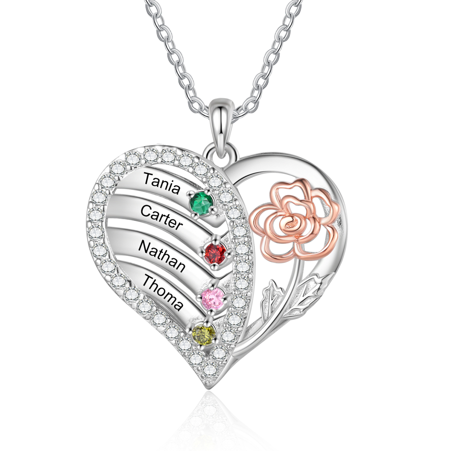Personalised Heart & Flower Birthstone Necklace Custom 4 Family Names Mother Necklace Christmas Gift-Jessemade AU
