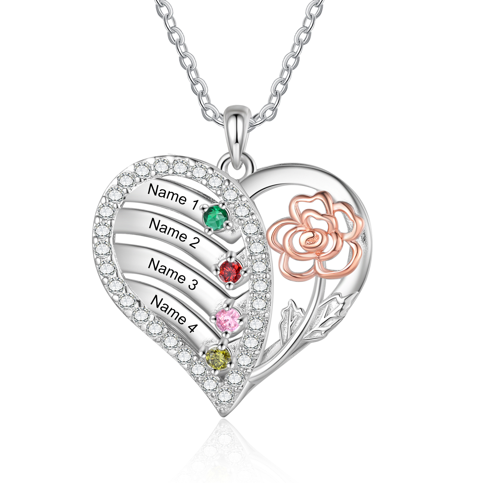 Personalised Heart & Flower Birthstone Necklace Custom 4 Family Names Mother Necklace Christmas Gift-Jessemade AU