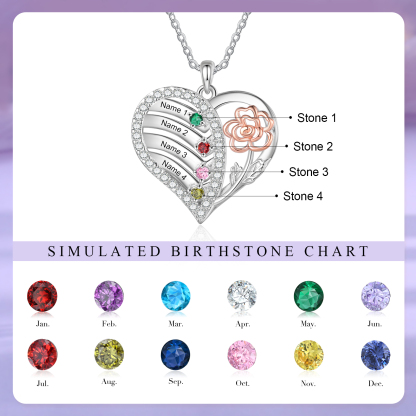 Personalised Heart & Flower Birthstone Necklace Custom 4 Family Names Mother Necklace Christmas Gift-Jessemade AU