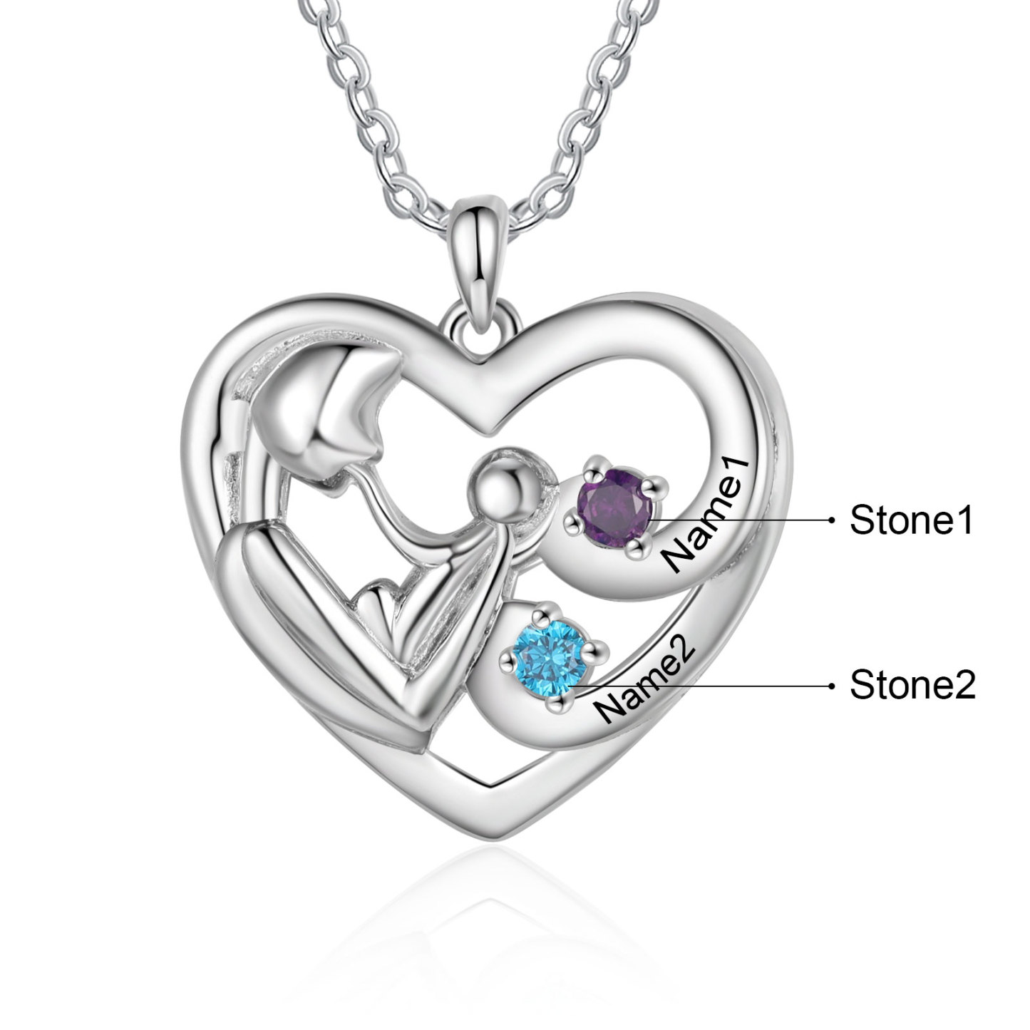 Personalised Mother and Child Heart Necklace Custom 2 Birthstones & Names Pendant Ideal Christmas Gift-Jessemade AU