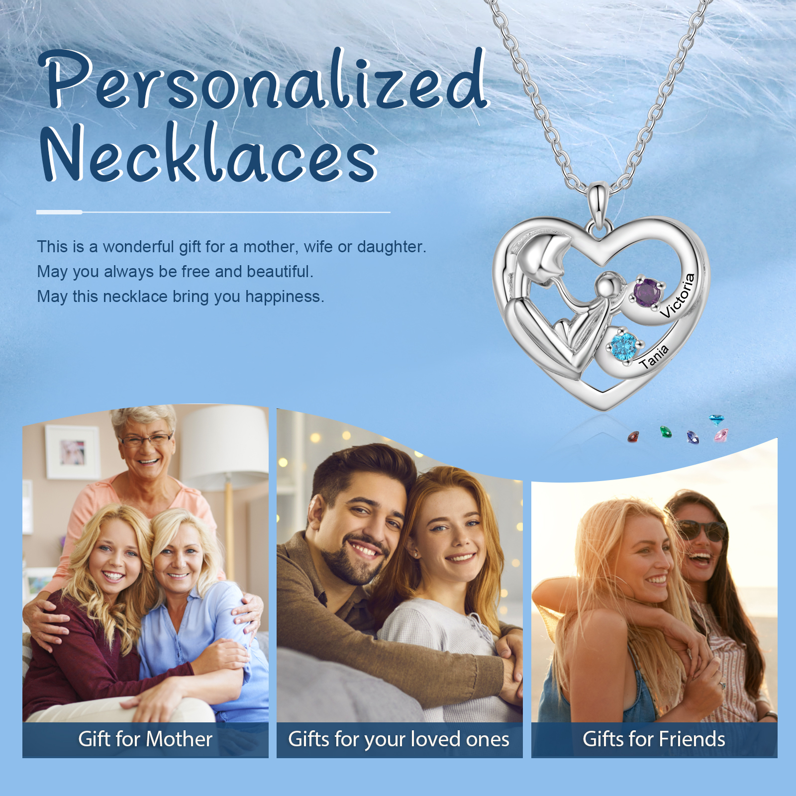 Personalised Mother and Child Heart Necklace Custom 2 Birthstones & Names Pendant Ideal Christmas Gift-Jessemade AU