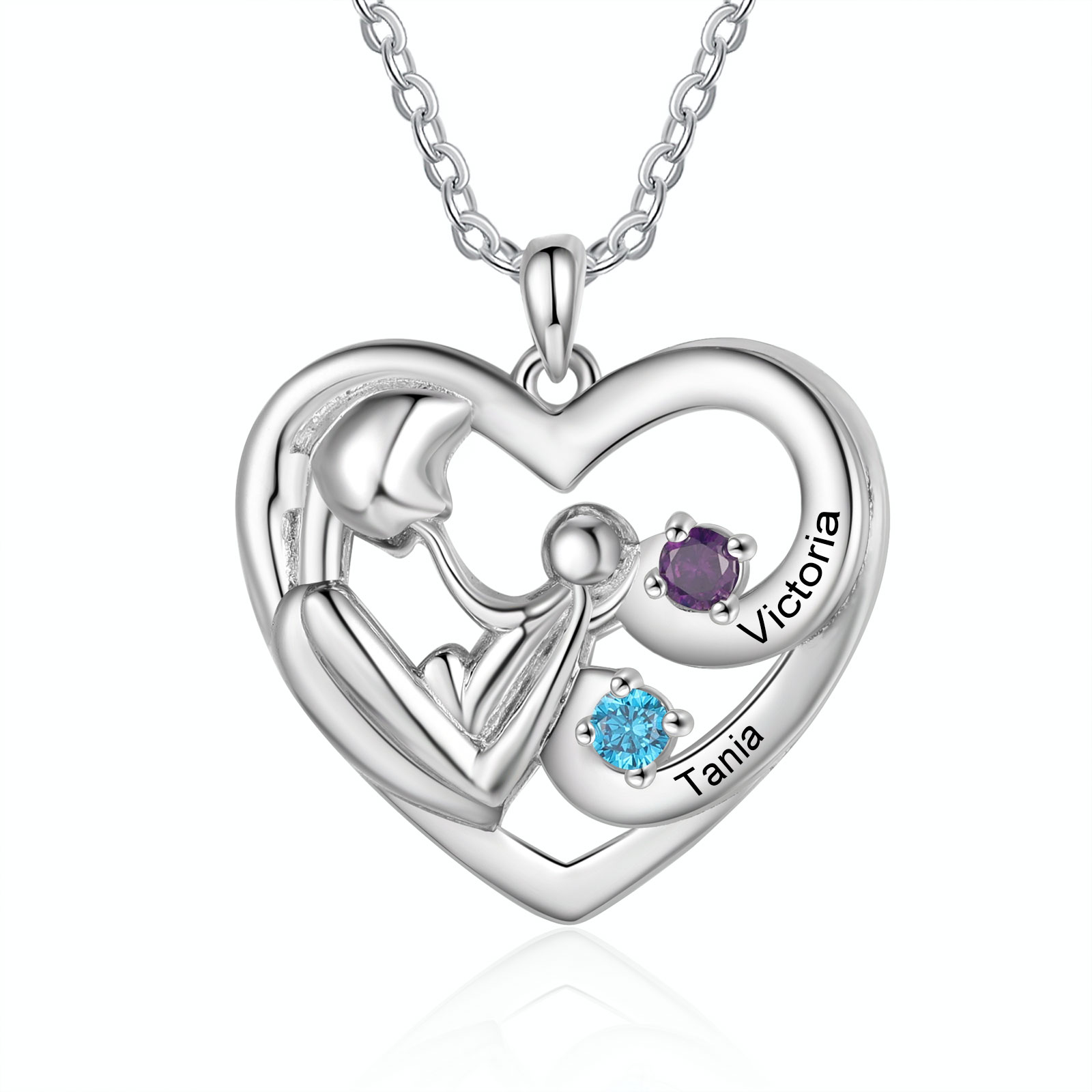 Personalised Heart Necklace Custom 2 Birthstone & Name Pendant Ideal Christmas Gift