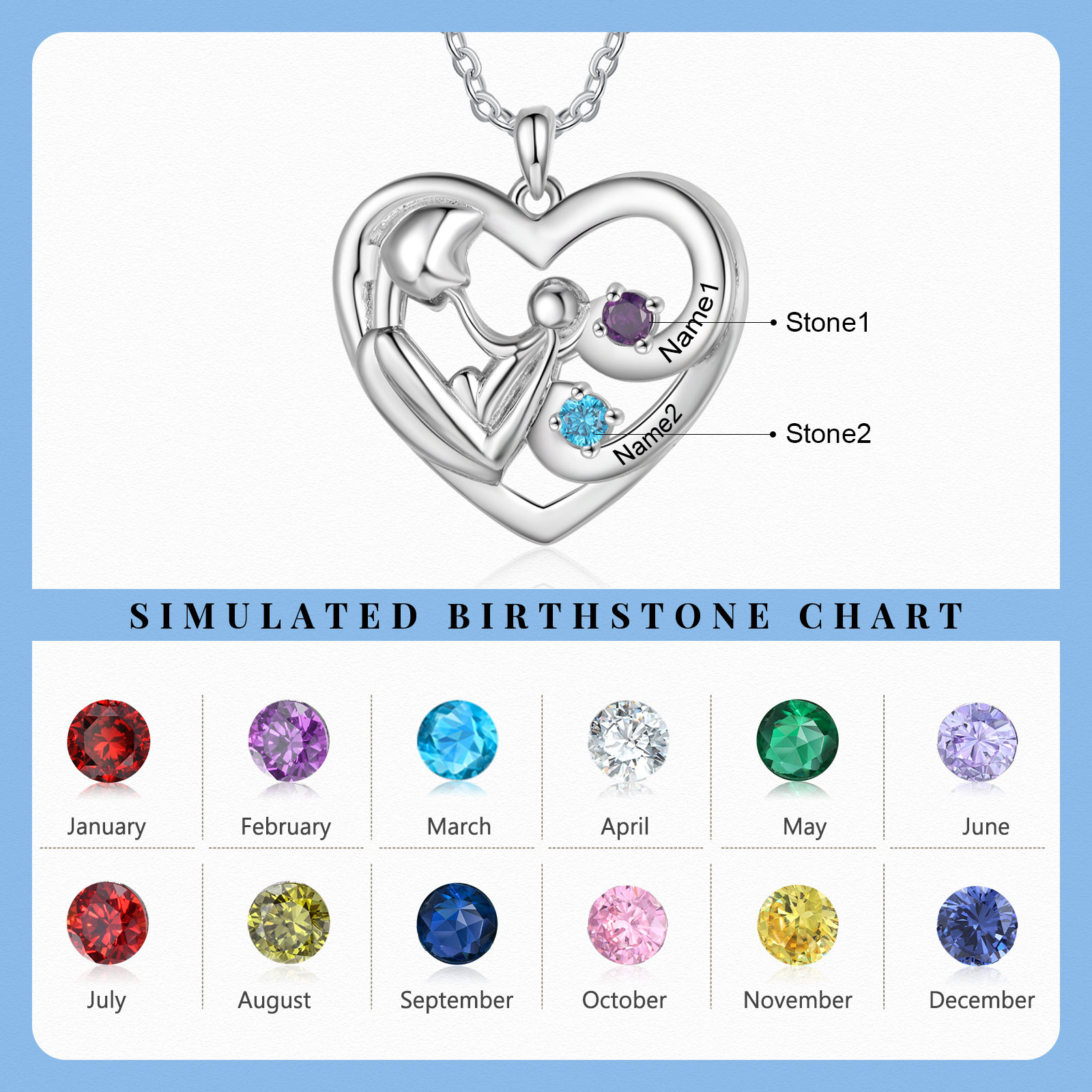 Personalised Heart Necklace Custom 2 Birthstone & Name Pendant Ideal Christmas Gift