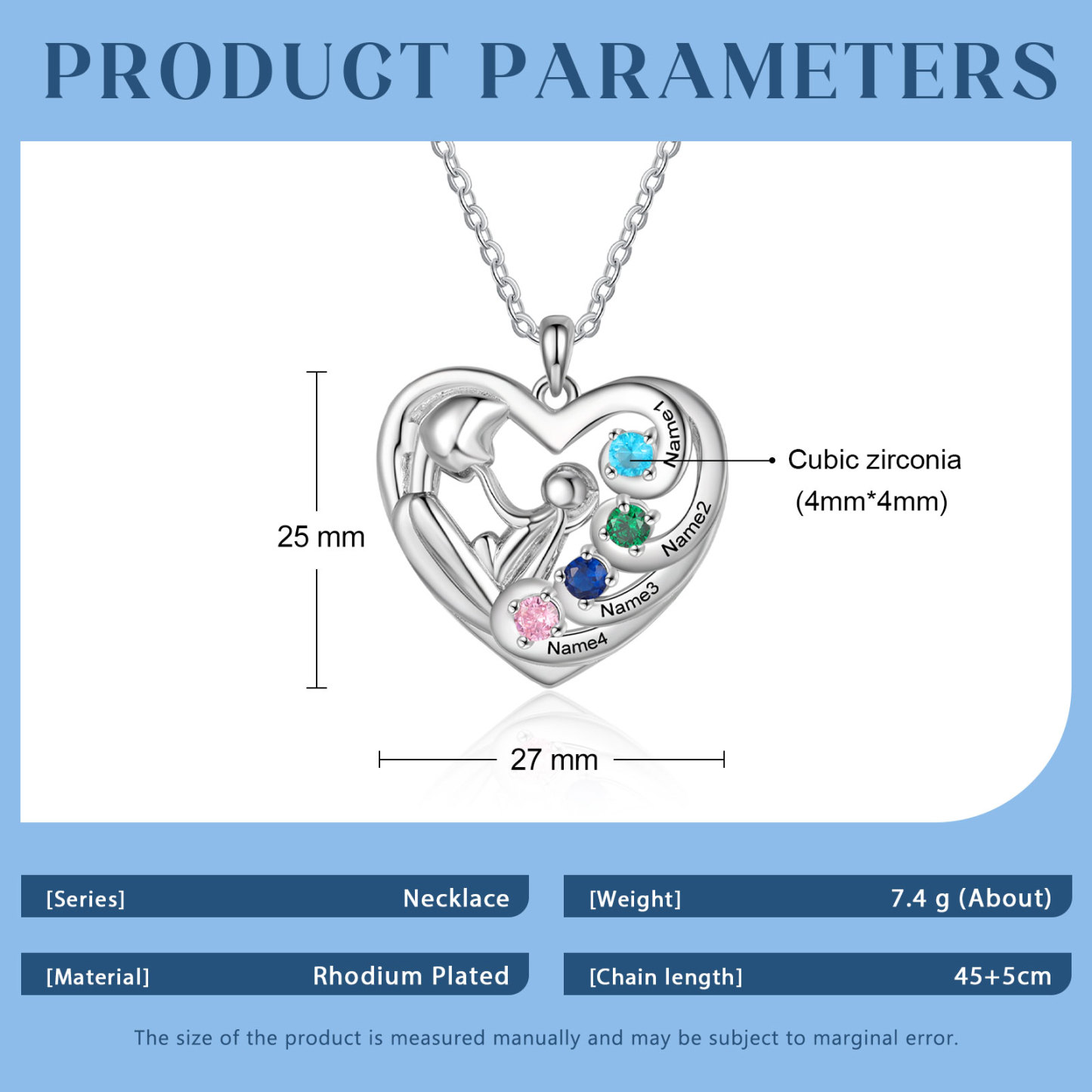 Personalised Mother and Child Heart Necklace Custom 4 Birthstones and Names Pendant Ideal Christmas Gift-Jessemade AU