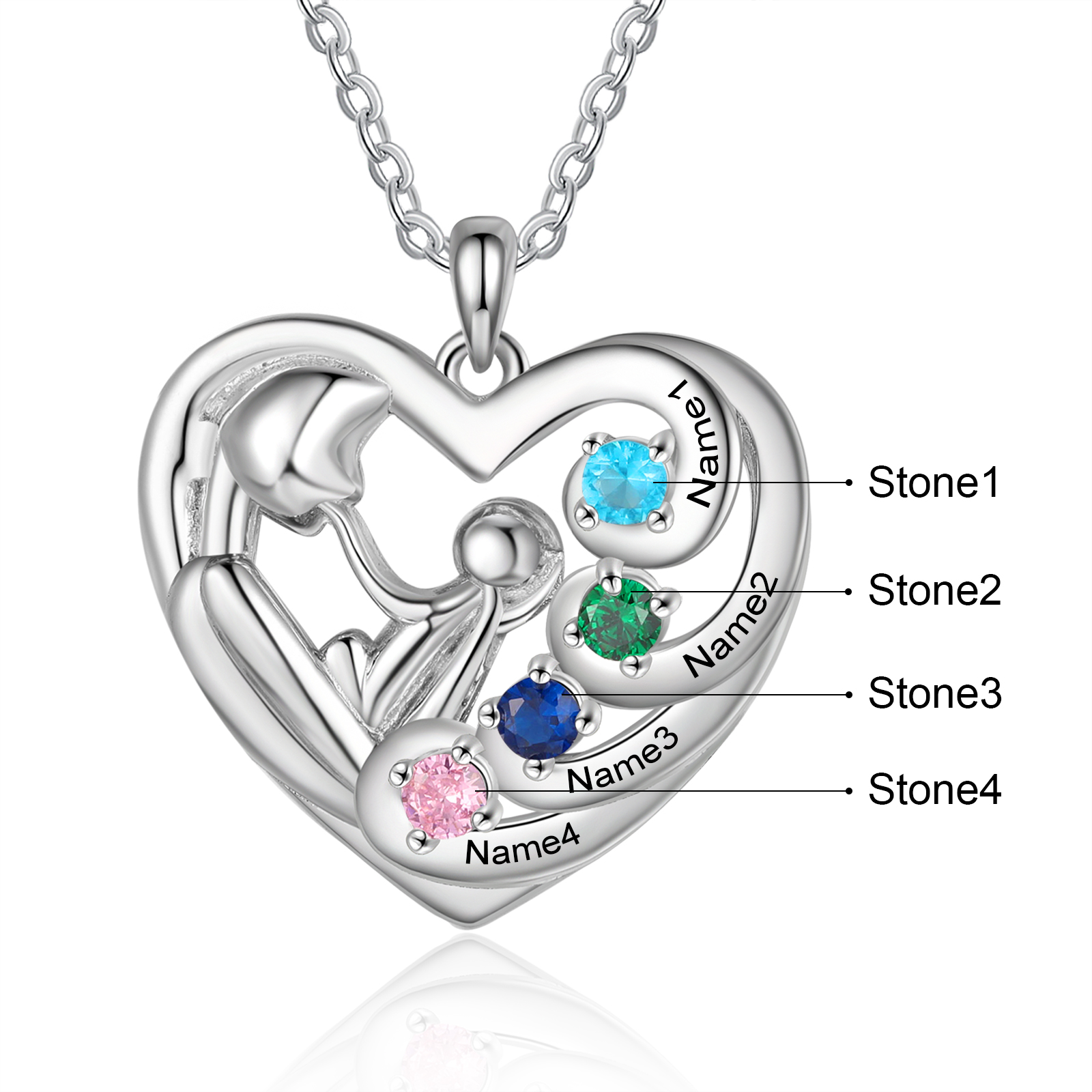 Personalised Mother and Child Heart Necklace Custom 4 Birthstones and Names Pendant Ideal Christmas Gift-Jessemade AU
