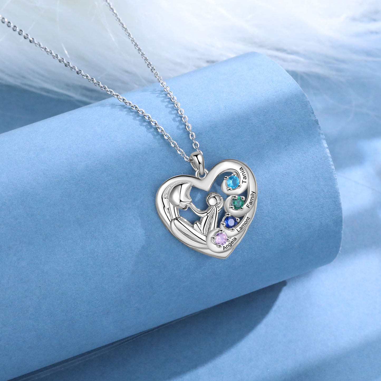 Personalised Mother and Child Heart Necklace Custom 4 Birthstones and Names Pendant Ideal Christmas Gift-Jessemade AU
