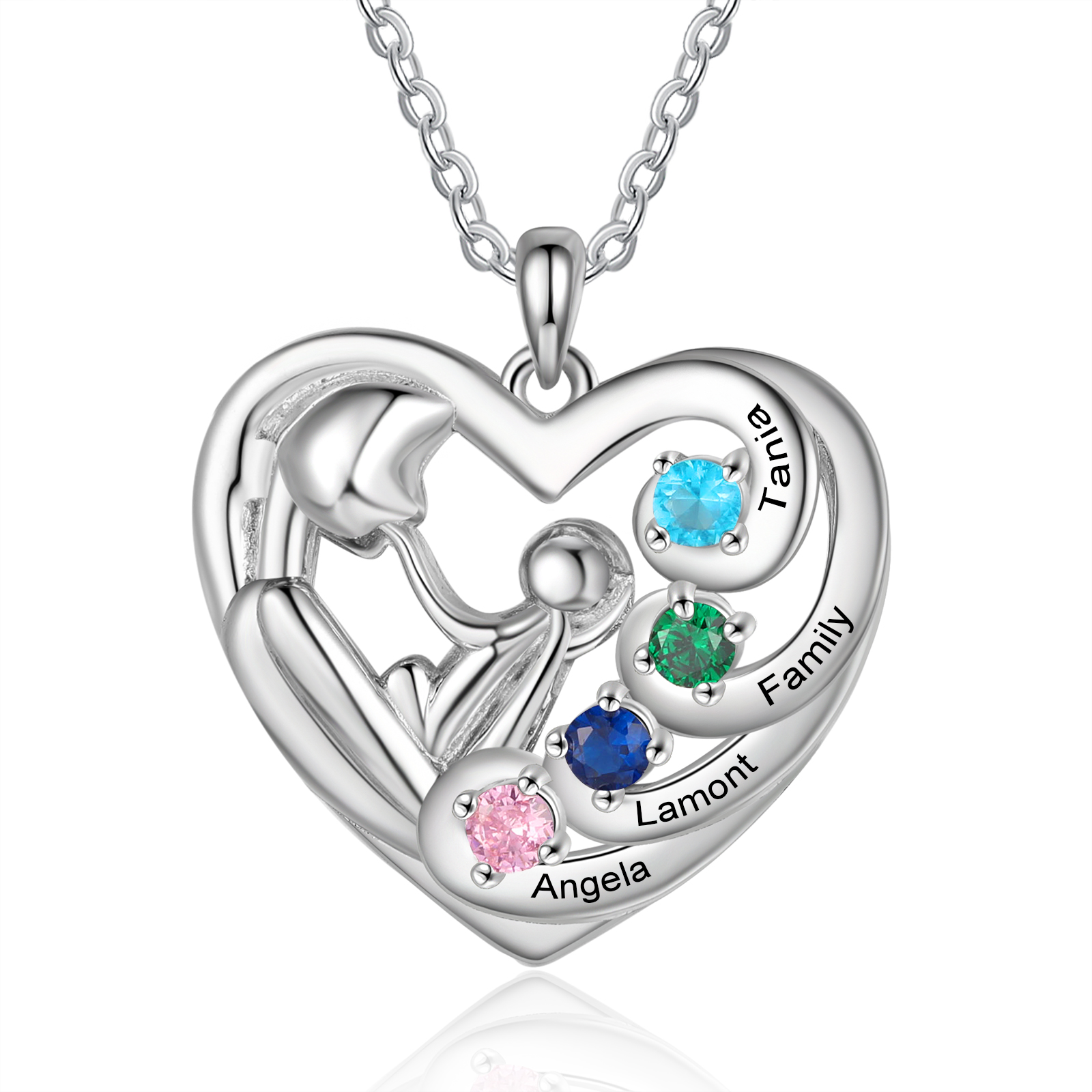 Personalised Heart Necklace Custom 4 Birthstones and Names Pendant Ideal Christmas Gift