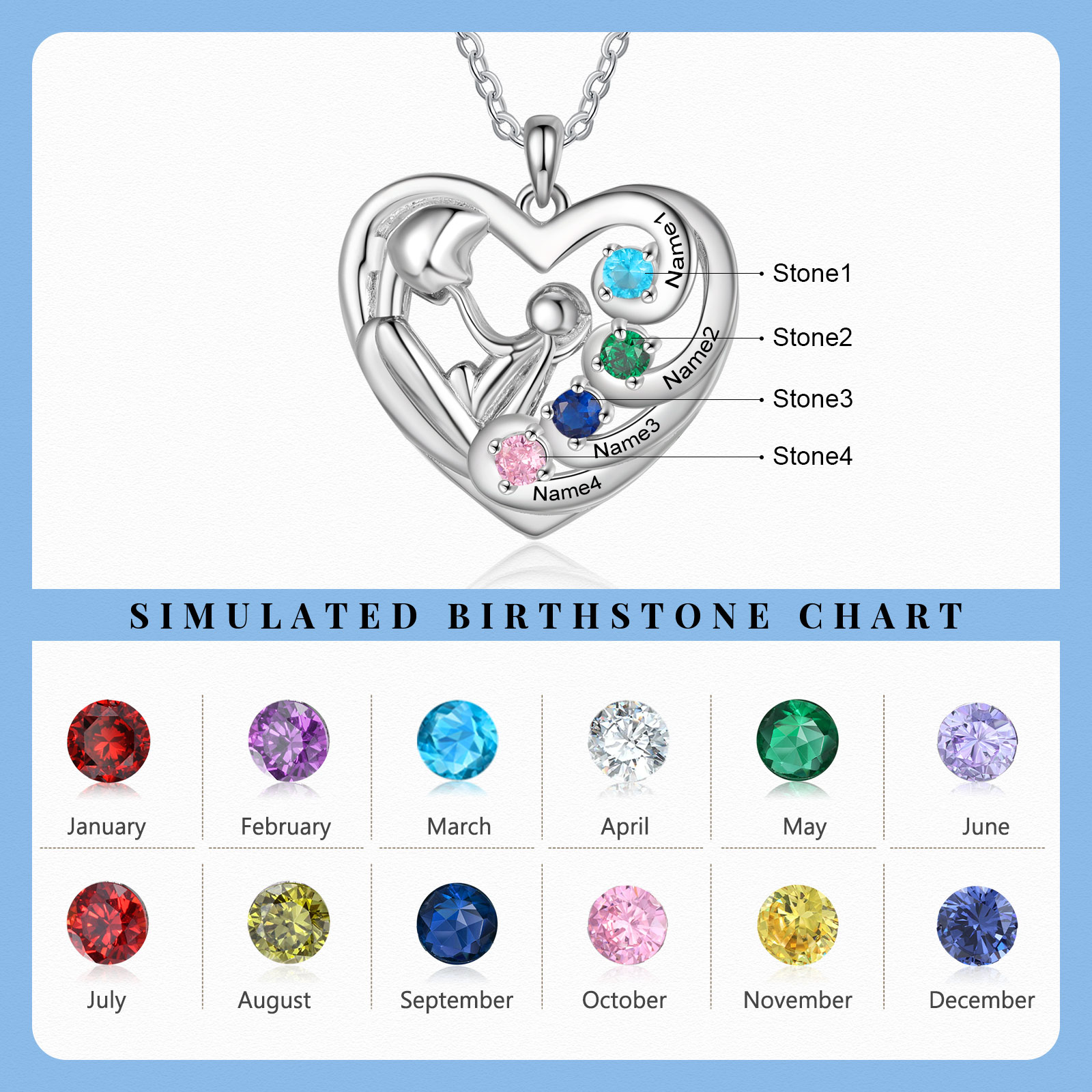Personalised Heart Necklace Custom 4 Birthstones and Names Pendant Ideal Christmas Gift