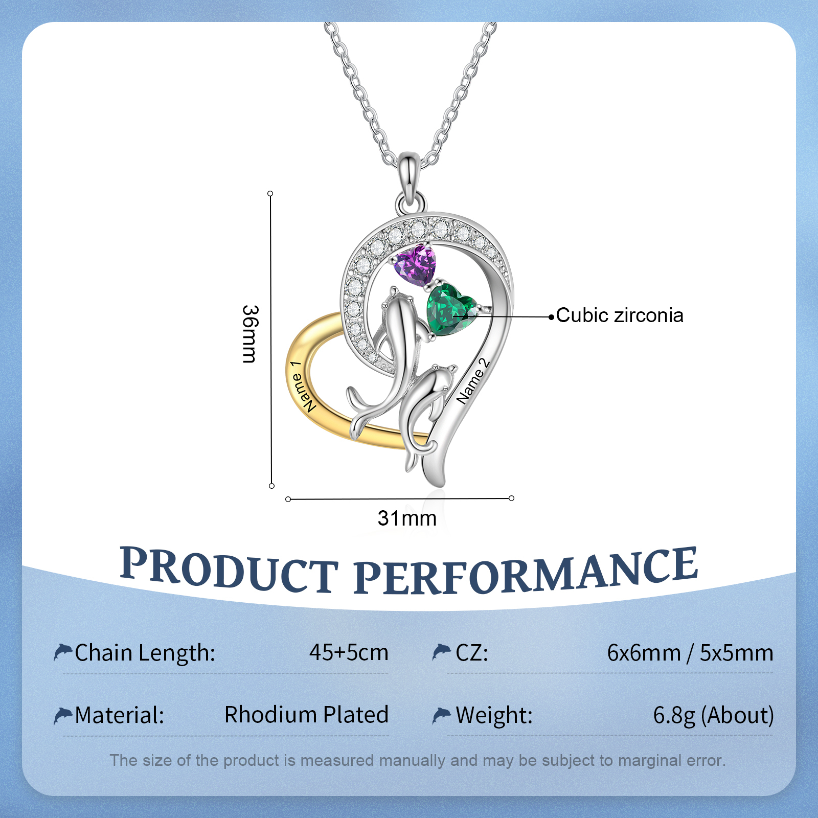 Personalised Mother and Baby Dolphin Heart Necklace Custom 2 Birthstones and Names Pendant Ideal Christmas Gift-Jessemade AU