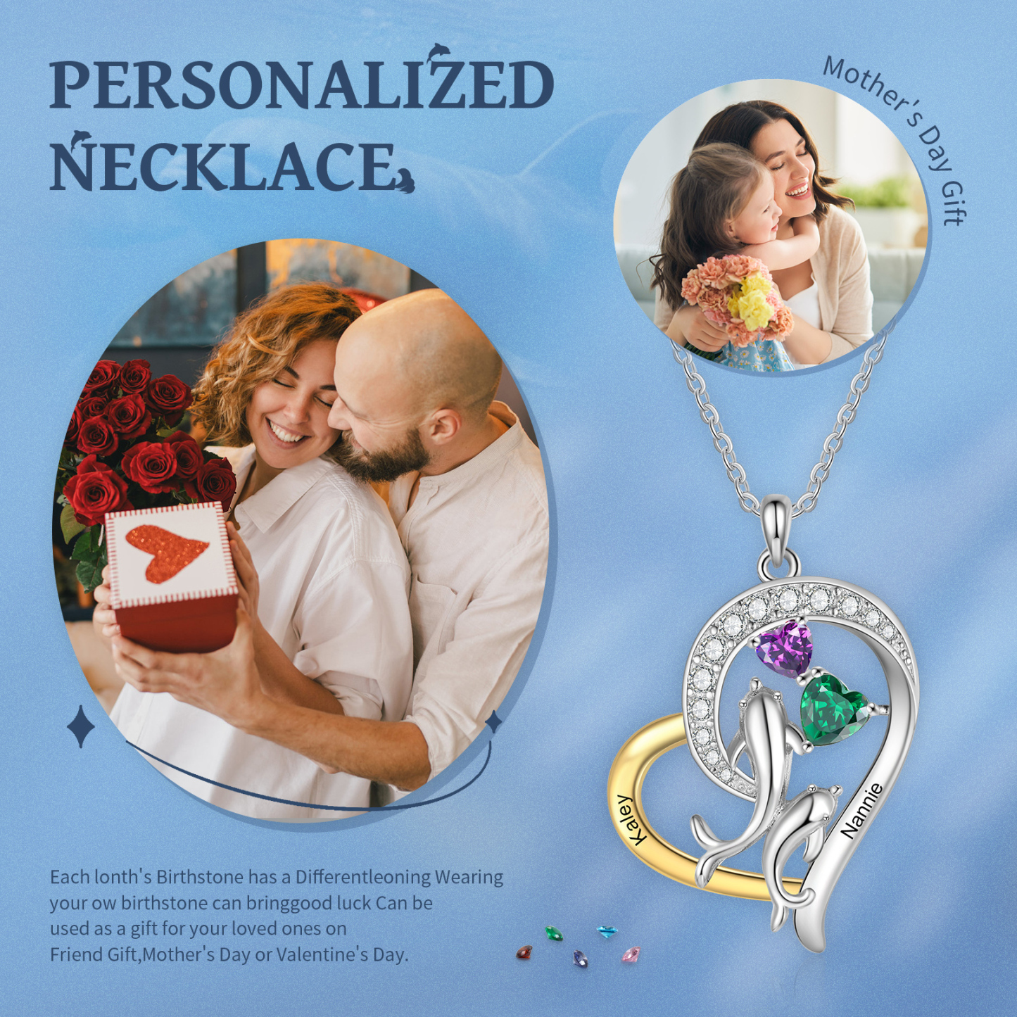 Personalised Mother and Baby Dolphin Heart Necklace Custom 2 Birthstones and Names Pendant Ideal Christmas Gift-Jessemade AU