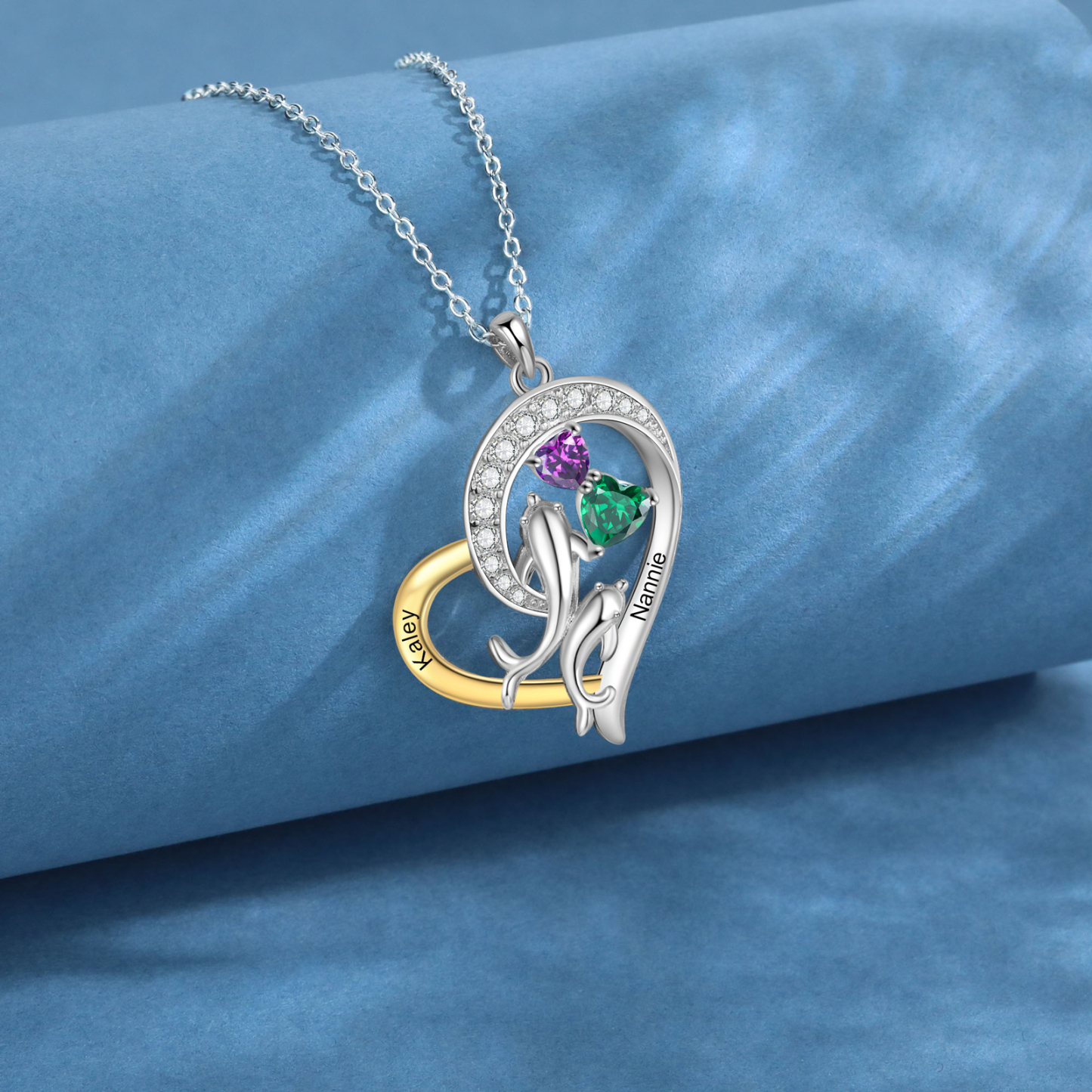 Personalised Mother and Baby Dolphin Heart Necklace Custom 2 Birthstones and Names Pendant Ideal Christmas Gift-Jessemade AU