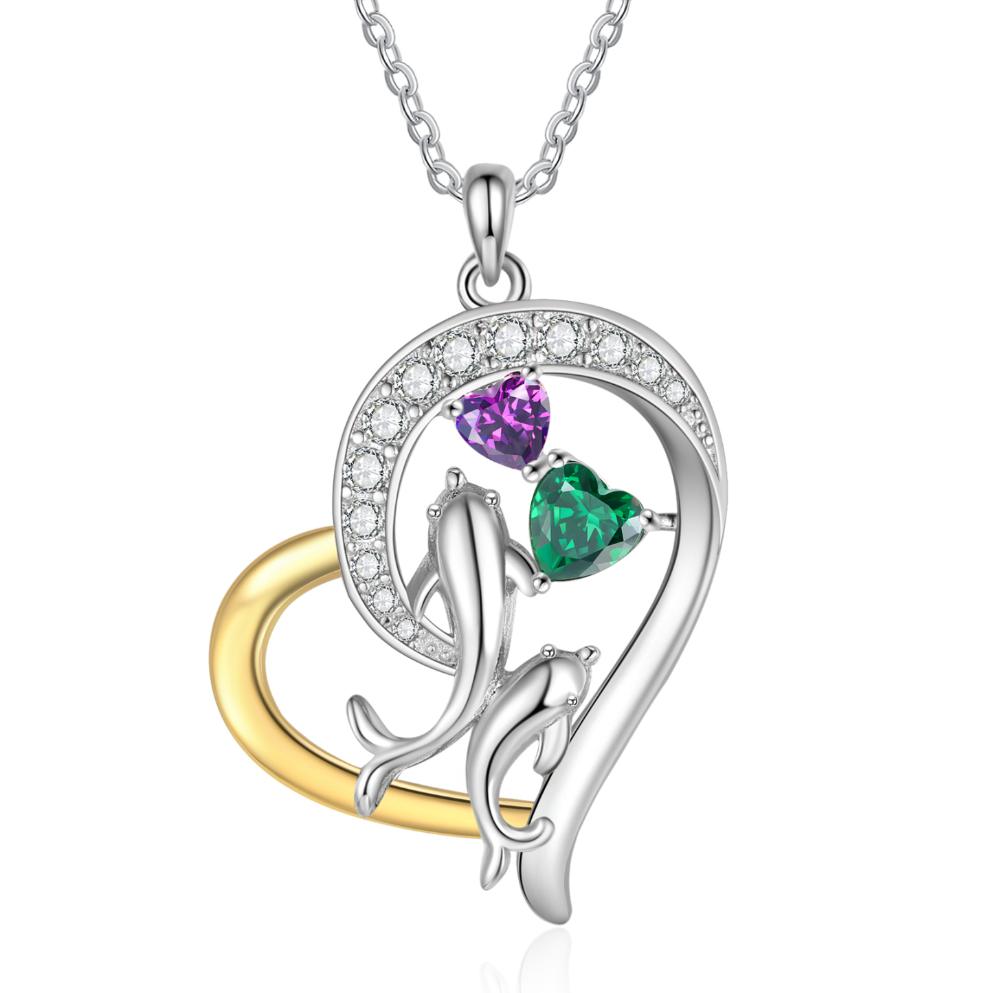 Personalised Mother and Baby Dolphin Heart Necklace Custom 2 Birthstones and Names Pendant Ideal Christmas Gift-Jessemade AU