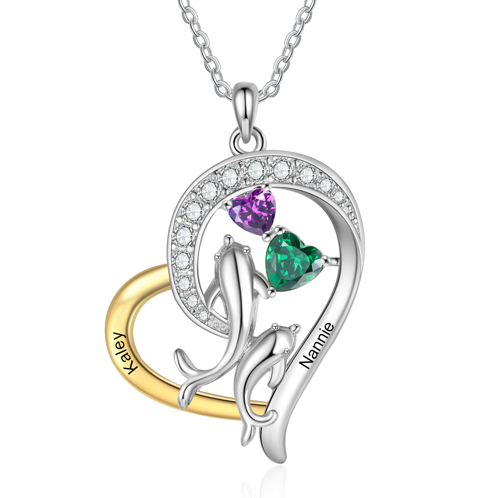 Personalised Dolphin Heart Necklace Custom 2 Birthstones and Names Pendant, Ideal Christmas Gift