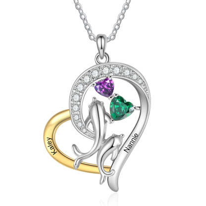 Personalised Mother and Baby Dolphin Heart Necklace Custom 2 Birthstones and Names Pendant Ideal Christmas Gift-Jessemade AU