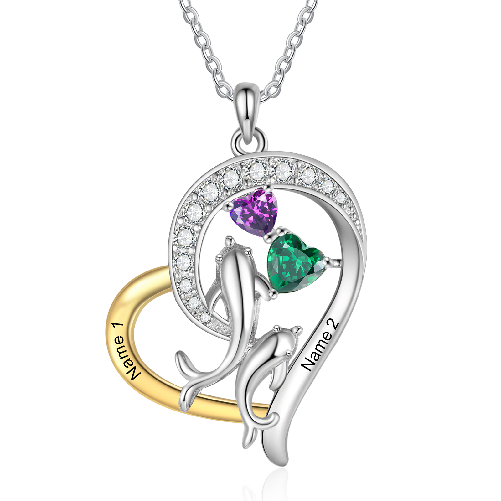 Personalised Mother and Baby Dolphin Heart Necklace Custom 2 Birthstones and Names Pendant Ideal Christmas Gift-Jessemade AU