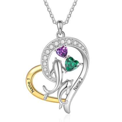 Personalised Mother and Baby Dolphin Heart Necklace Custom 2 Birthstones and Names Pendant Ideal Christmas Gift-Jessemade AU