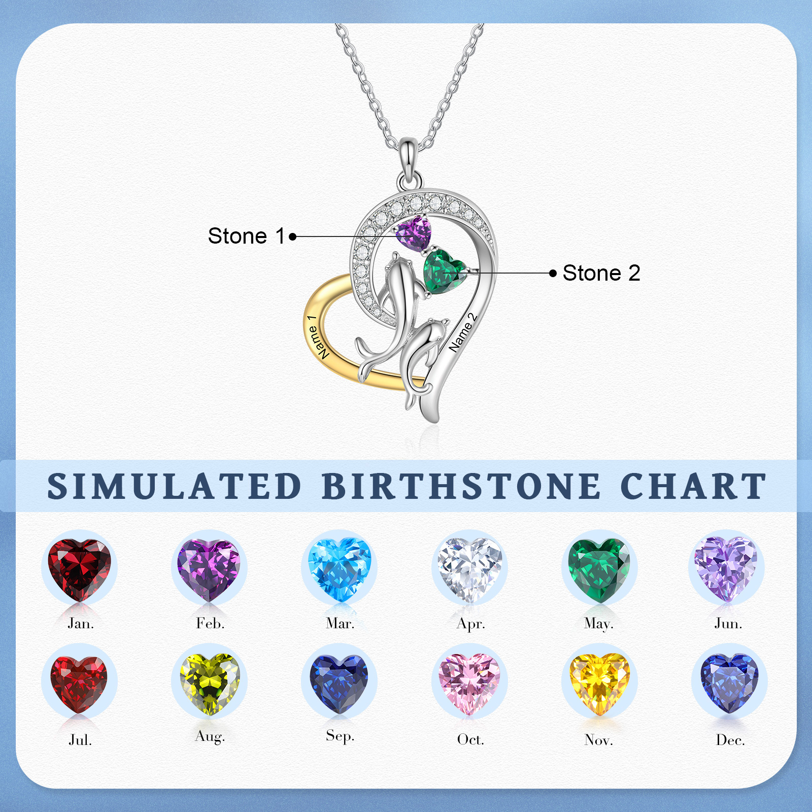 Personalised Dolphin Heart Necklace Custom 2 Birthstones and Names Pendant, Ideal Christmas Gift