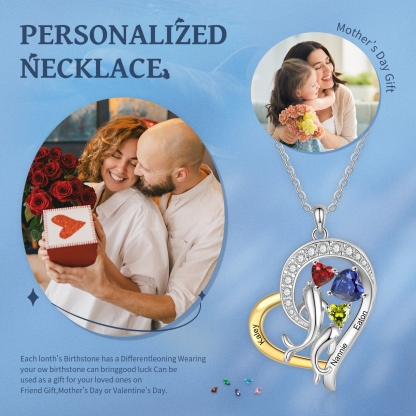 Personalised Mother and Baby Dolphin Heart Shaped Necklace Custom 3 Birthstones and Names Jewelry Ideal Christmas Gift for Her-Jessemade AU