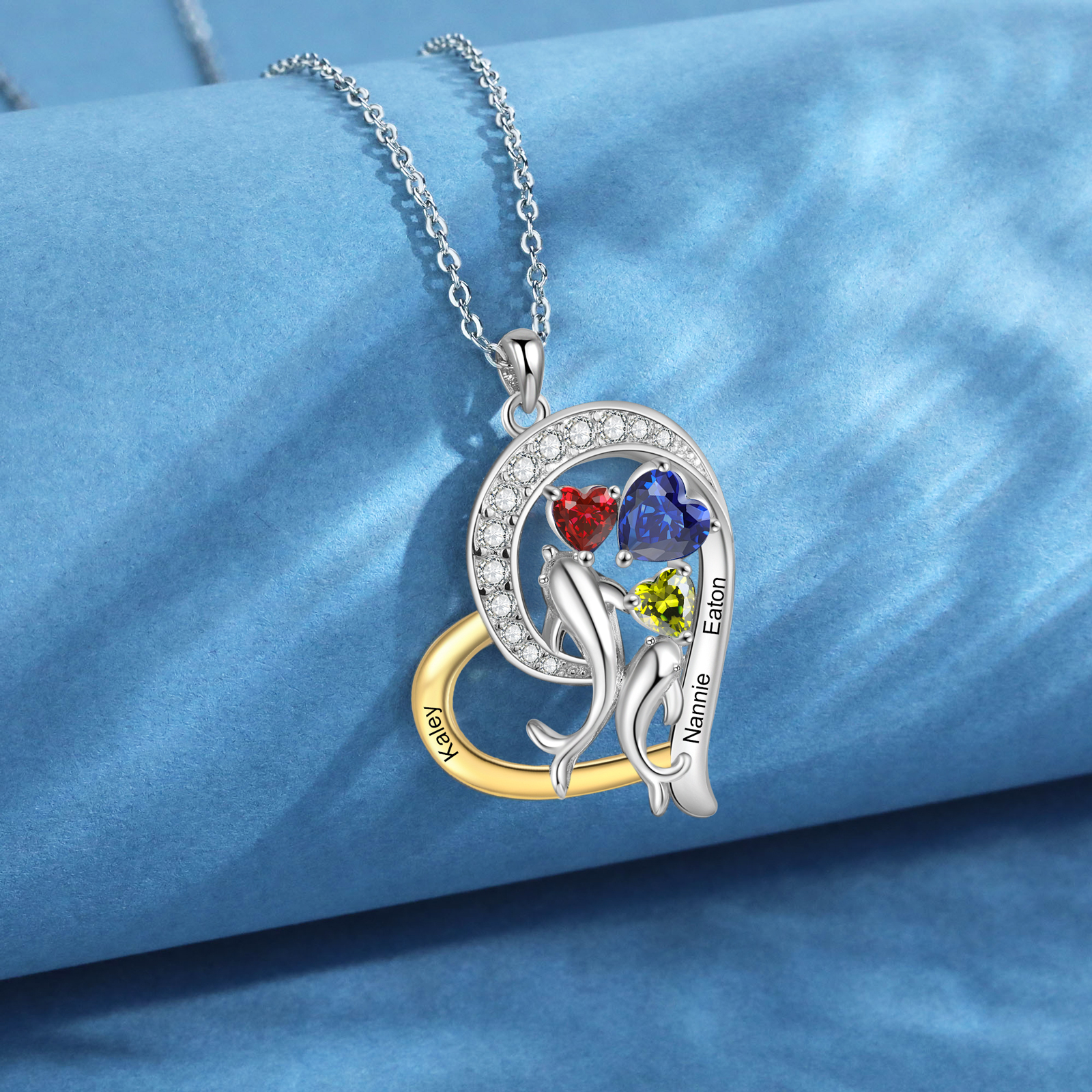 Personalised Mother and Baby Dolphin Heart Shaped Necklace Custom 3 Birthstones and Names Jewelry Ideal Christmas Gift for Her-Jessemade AU