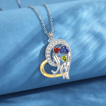 Personalised Mother and Baby Dolphin Heart Shaped Necklace Custom 3 Birthstones and Names Jewelry Ideal Christmas Gift for Her-Jessemade AU