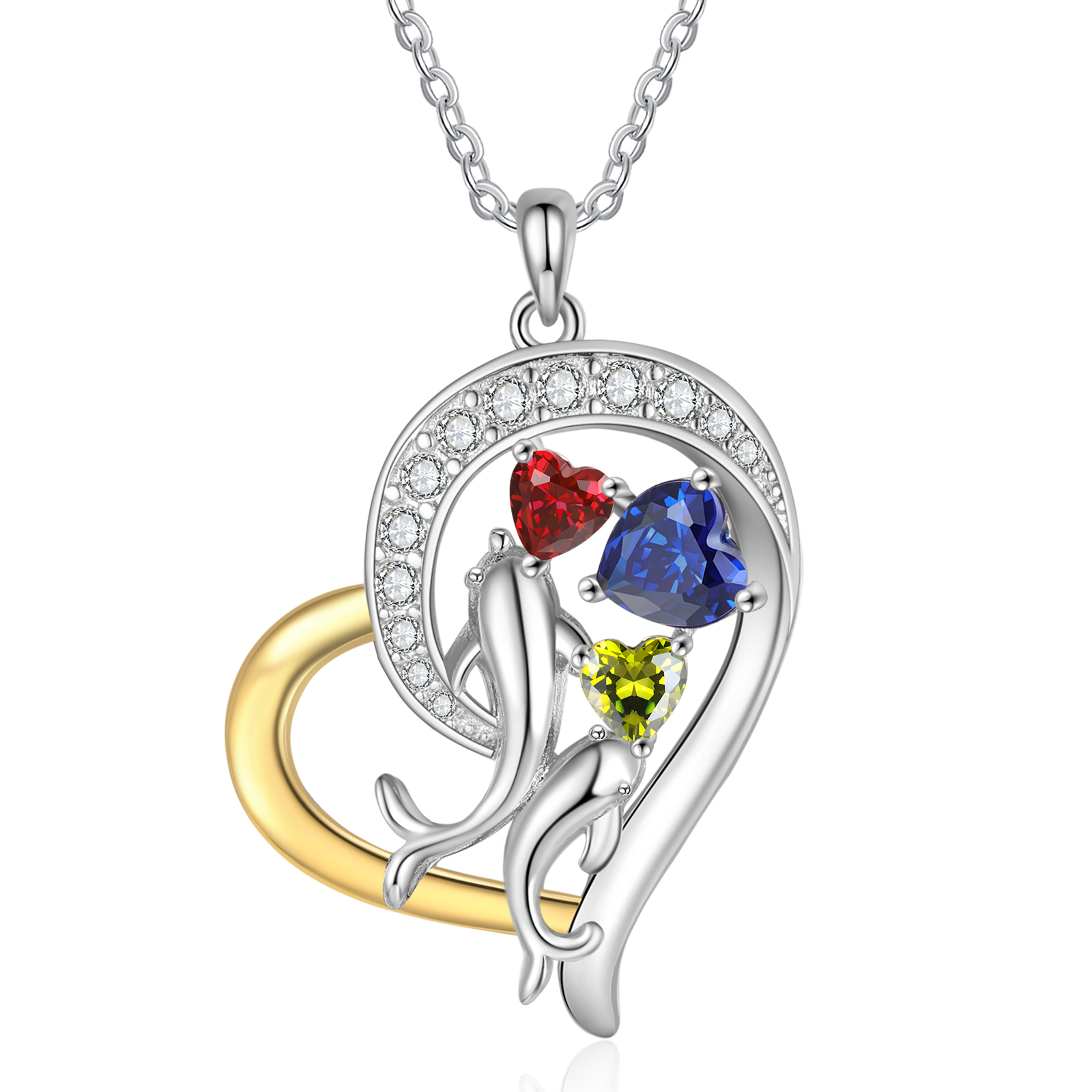 Personalised Mother and Baby Dolphin Heart Shaped Necklace Custom 3 Birthstones and Names Jewelry Ideal Christmas Gift for Her-Jessemade AU