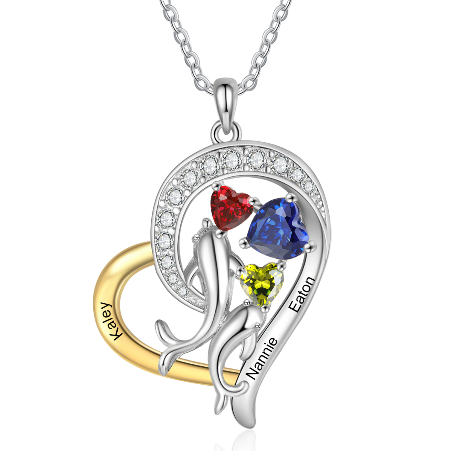 Personalised Mother and Baby Dolphin Heart Shaped Necklace Custom 3 Birthstones and Names Jewelry Ideal Christmas Gift for Her-Jessemade AU