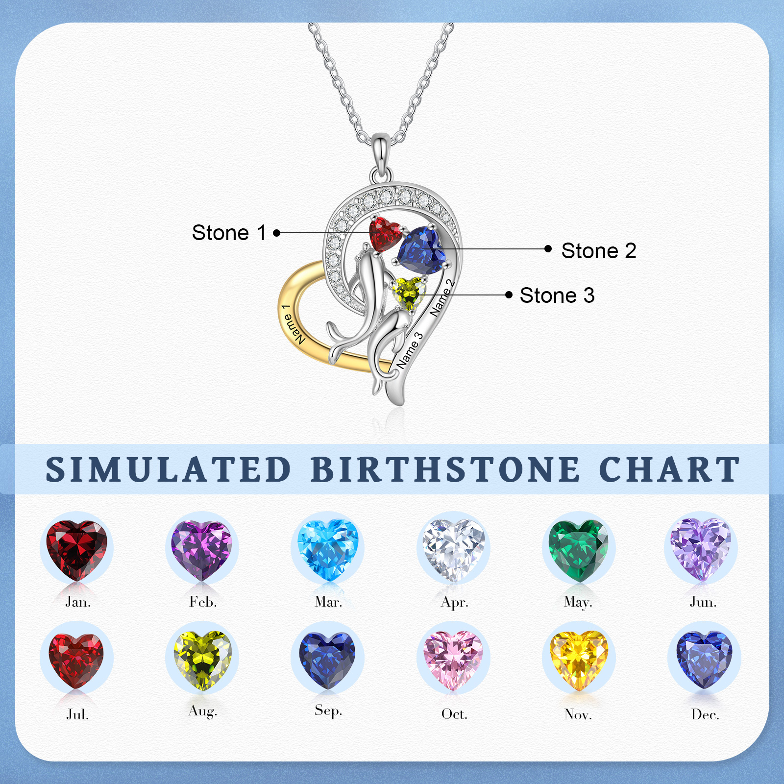 Personalised Heart-Shaped Necklace Custom 3 Birthstones and Names Jewelry Ideal Christmas Gift for Her