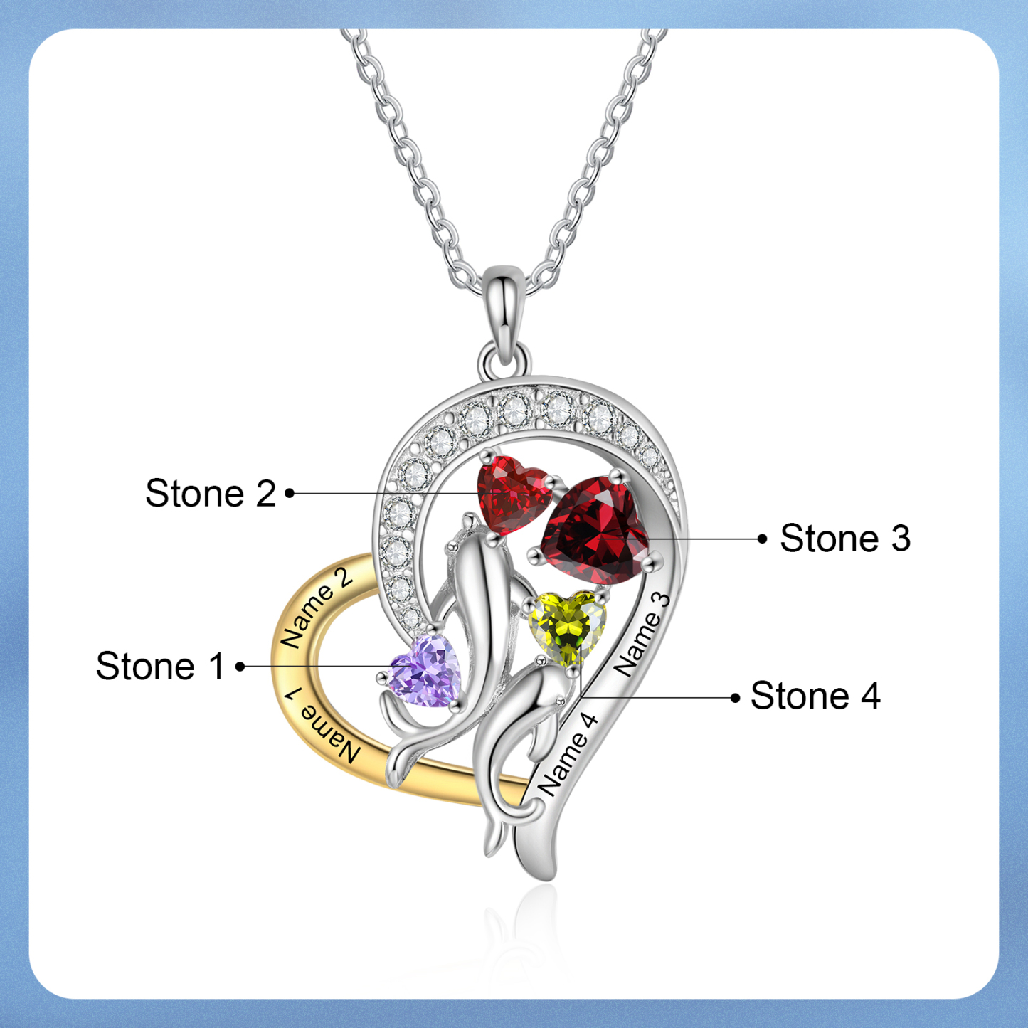 Personalised Mother and Baby Dolphin Heart Necklace Custom 4 Birthstones & Names Pendant Ideal Christmas Gift-Jessemade AU