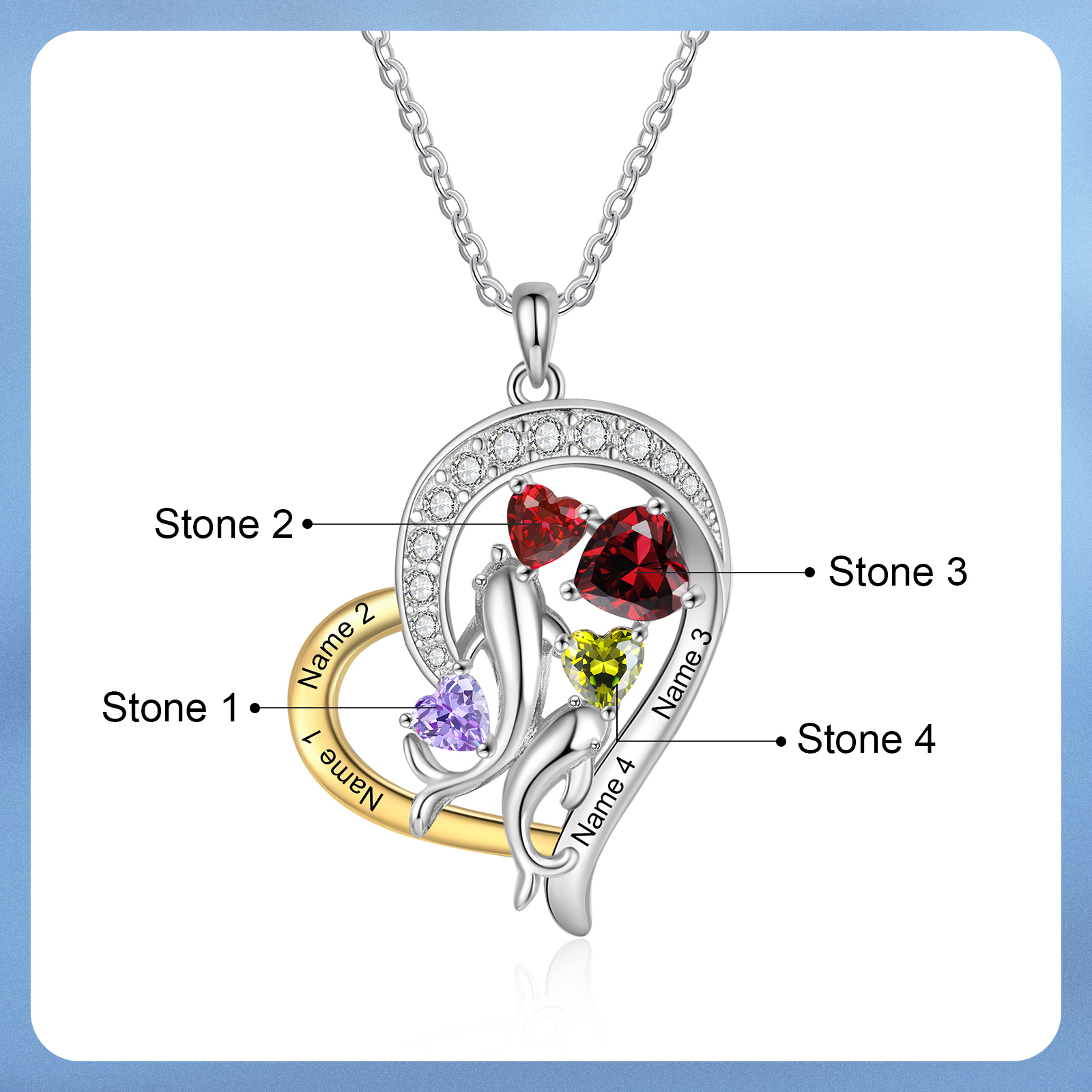 Personalised Mother and Baby Dolphin Heart Necklace Custom 4 Birthstones & Names Pendant Ideal Christmas Gift-Jessemade AU