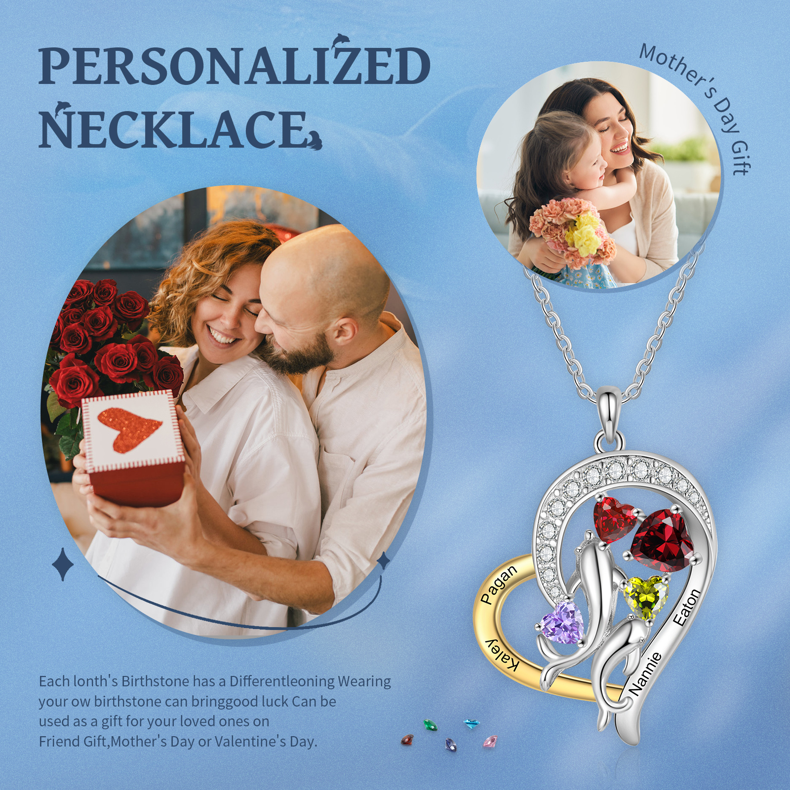Personalised Mother and Baby Dolphin Heart Necklace Custom 4 Birthstones & Names Pendant Ideal Christmas Gift-Jessemade AU