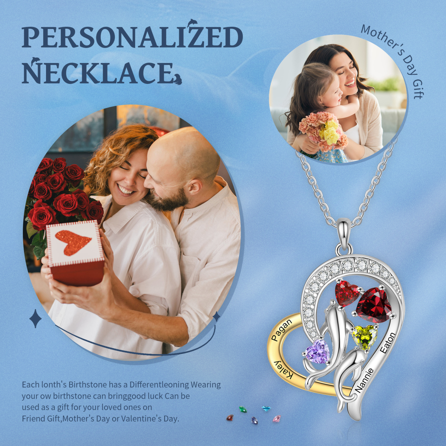 Personalised Mother and Baby Dolphin Heart Necklace Custom 4 Birthstones & Names Pendant Ideal Christmas Gift-Jessemade AU