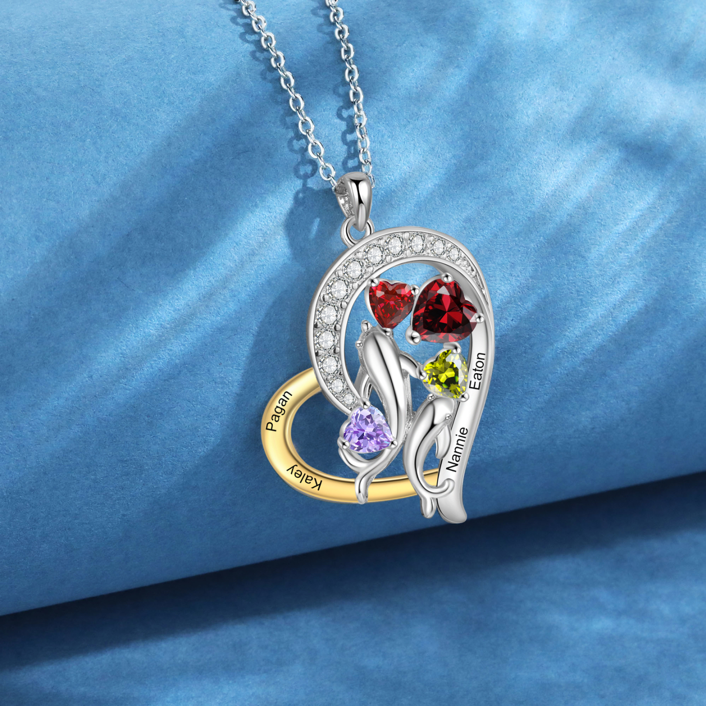 Personalised Mother and Baby Dolphin Heart Necklace Custom 4 Birthstones & Names Pendant Ideal Christmas Gift-Jessemade AU