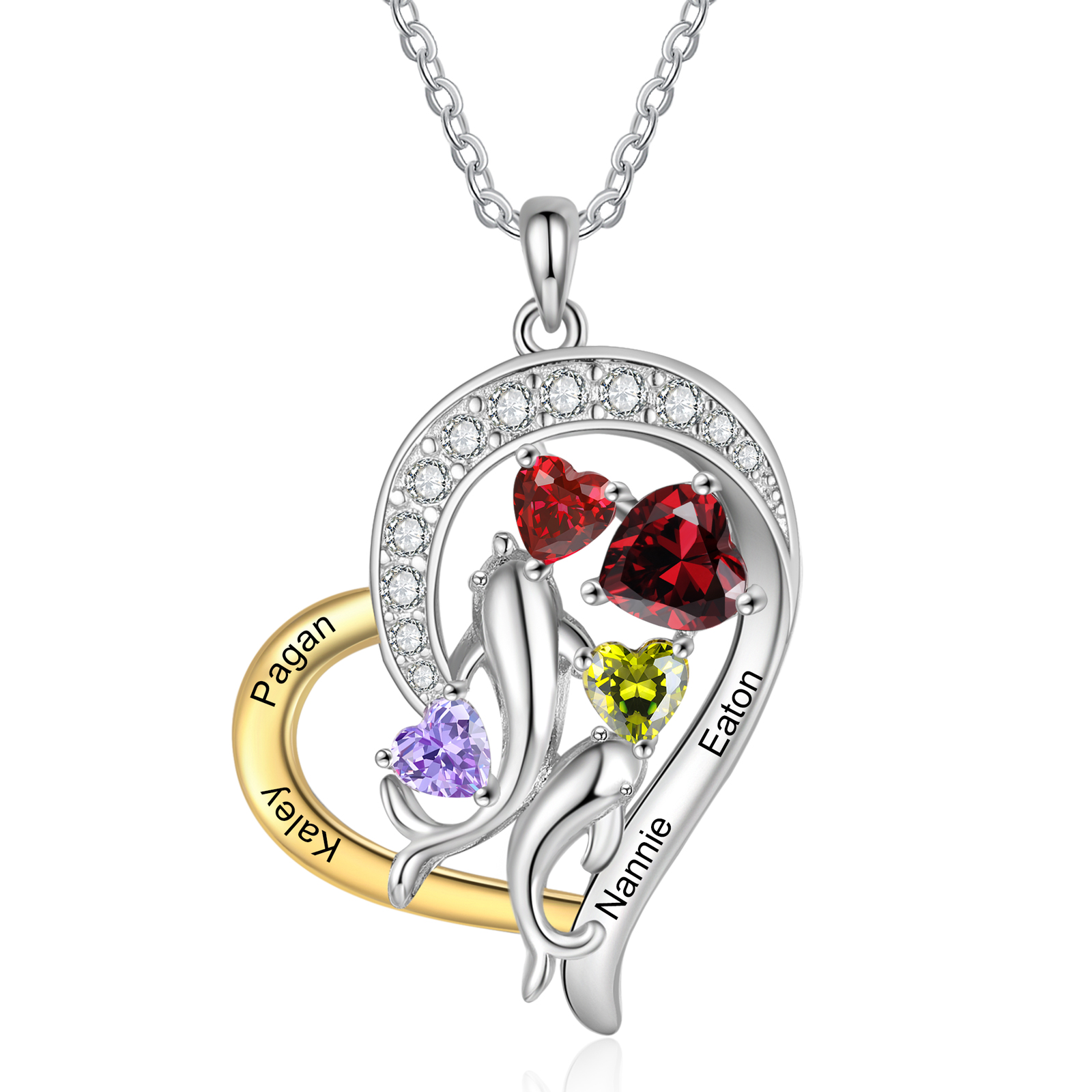 Personalised Heart Necklace Custom Birthstones & Names Pendant, Ideal Christmas Gift