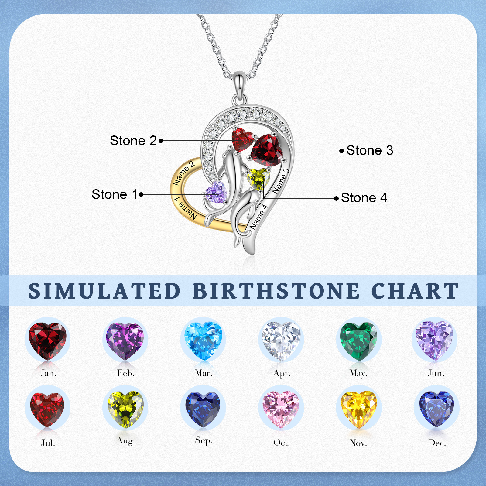 Personalised Heart Necklace Custom Birthstones & Names Pendant, Ideal Christmas Gift