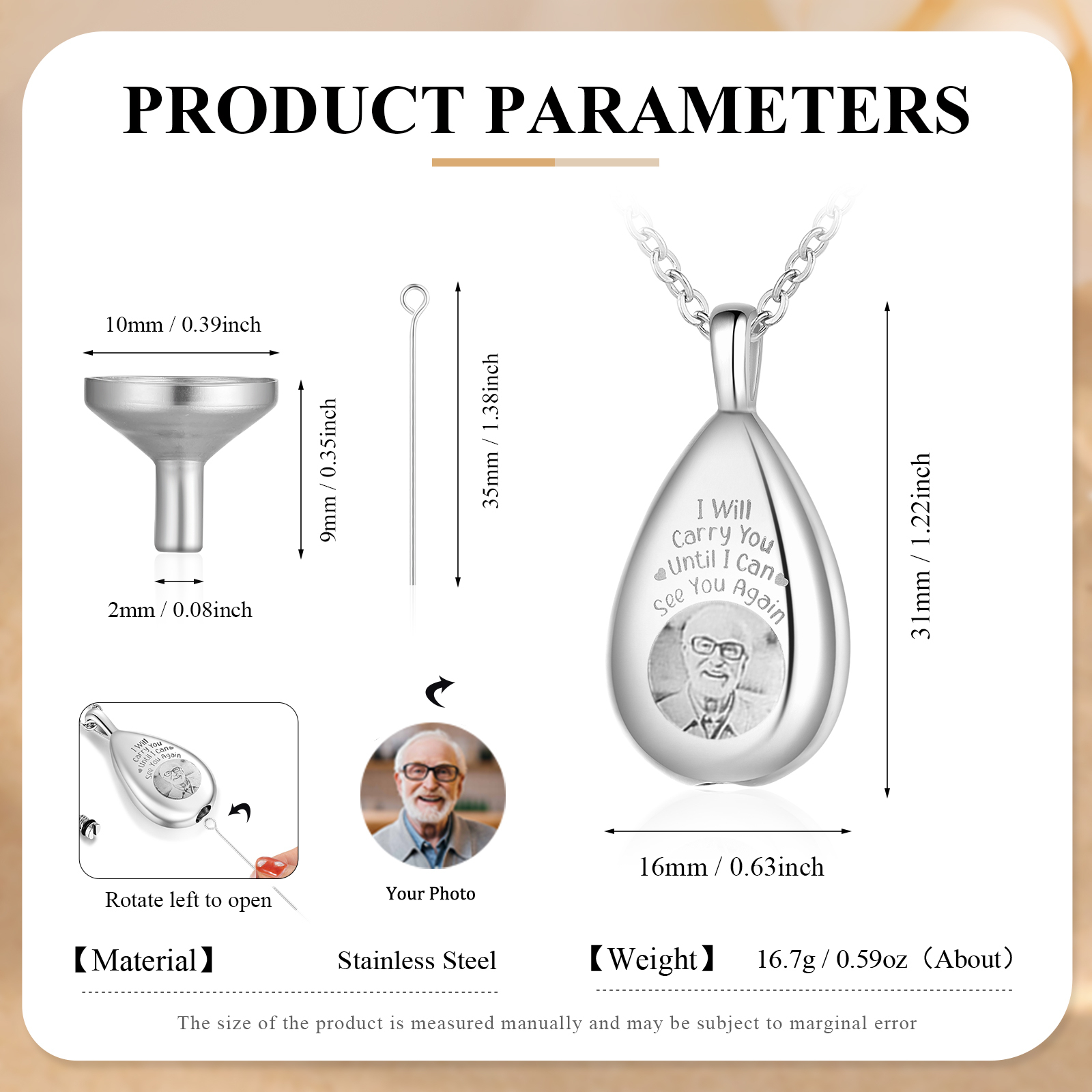 Personalised Memorial Ashes Necklace Custom Photo Commemorative Gifts - I Will Carry You Until I See You Again-Jessemade AU