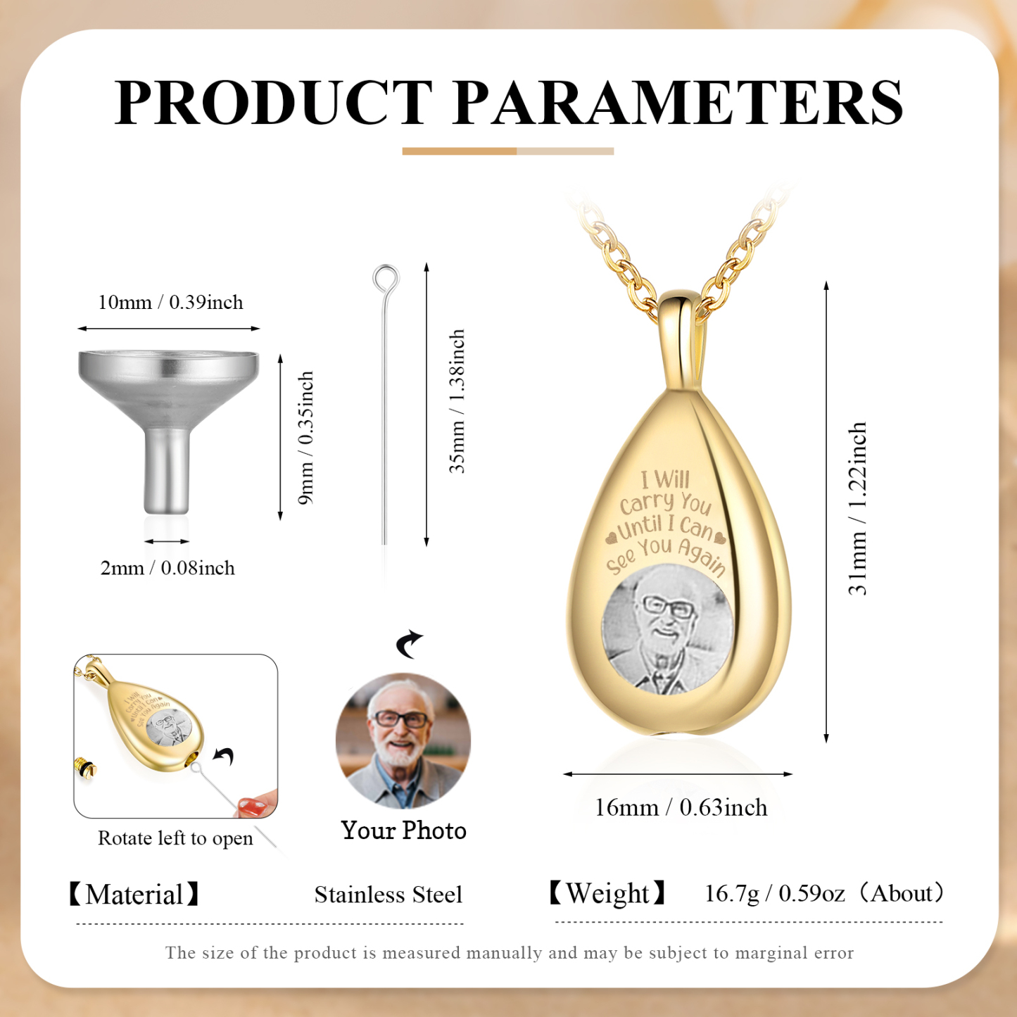 Personalised Memorial Ashes Necklace Custom Photo Commemorative Gifts - I Will Carry You Until I See You Again-Jessemade AU