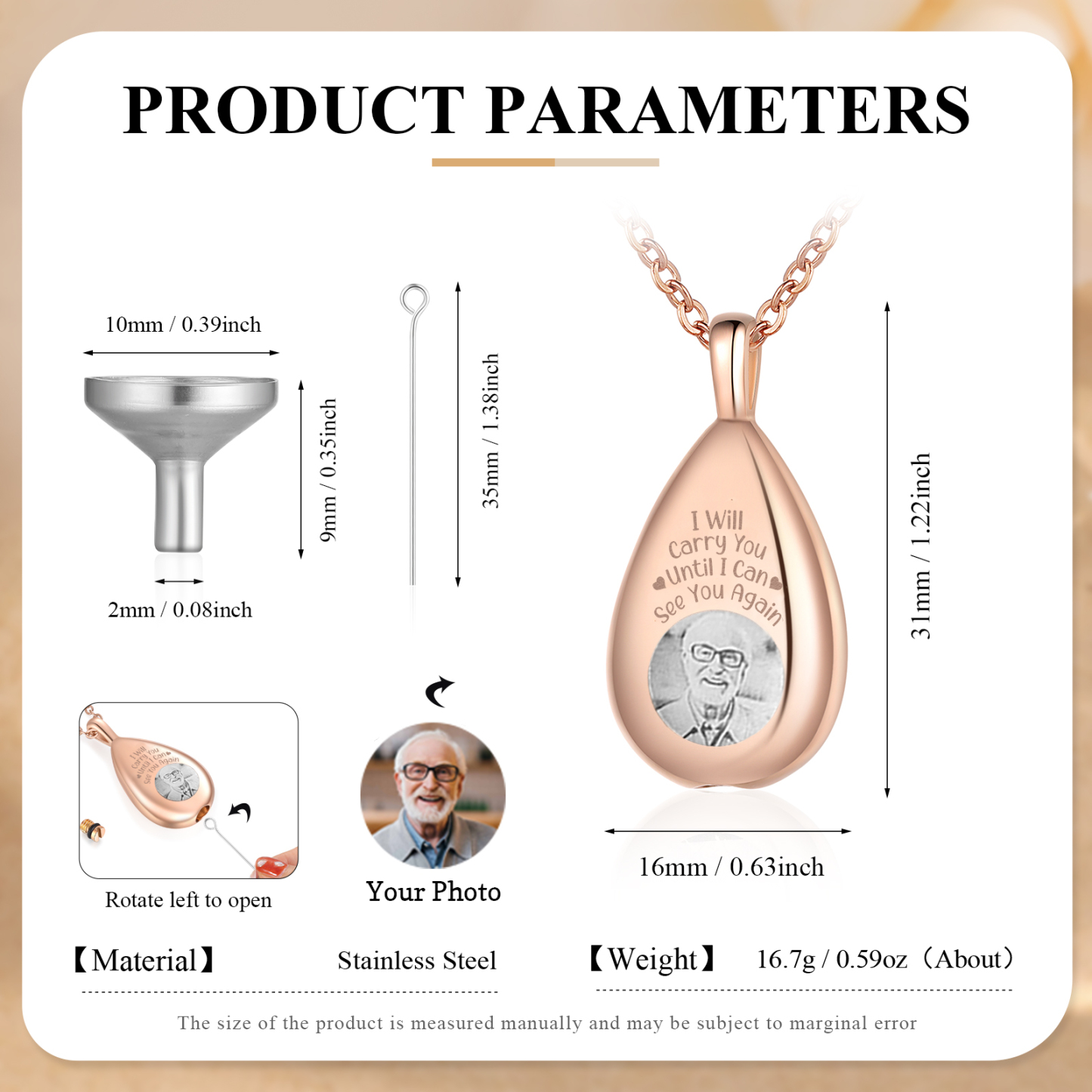 Personalised Memorial Ashes Necklace Custom Photo Commemorative Gifts - I Will Carry You Until I See You Again-Jessemade AU