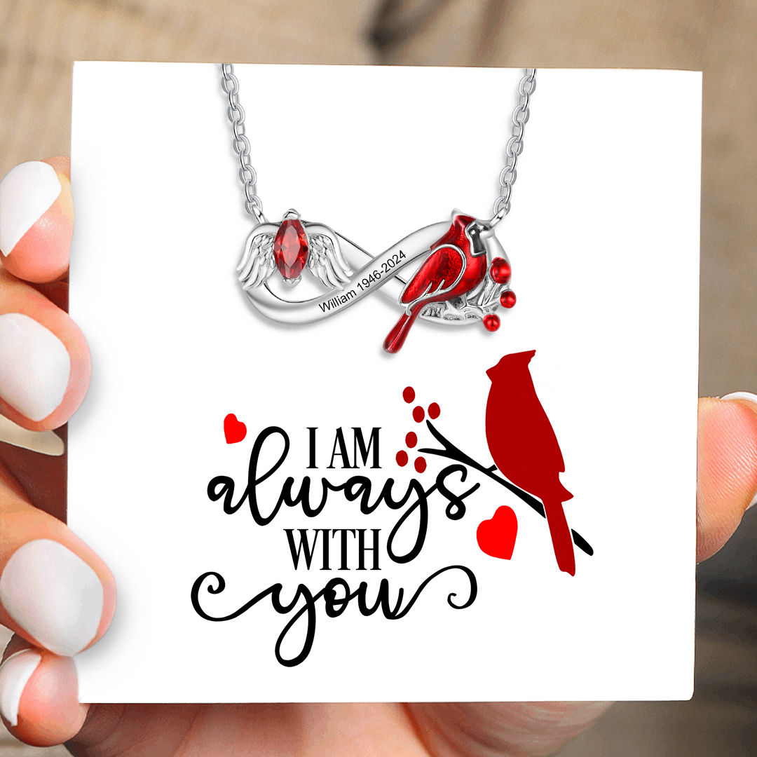 Personalised Cardinal Bird Necklace with Angel Wing 1 Birthstone & Name Comes with Card and Gift Box