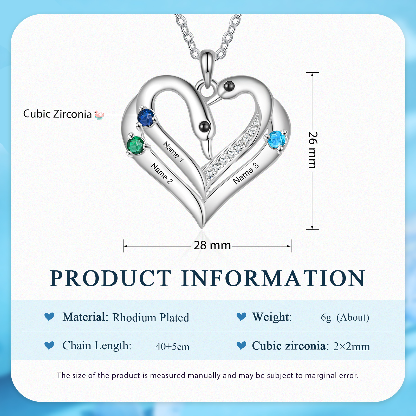 Personalised Heart-Shaped Birthstone Necklace Customise 2 or3 or 4 Names Thoughtful Gift for Her