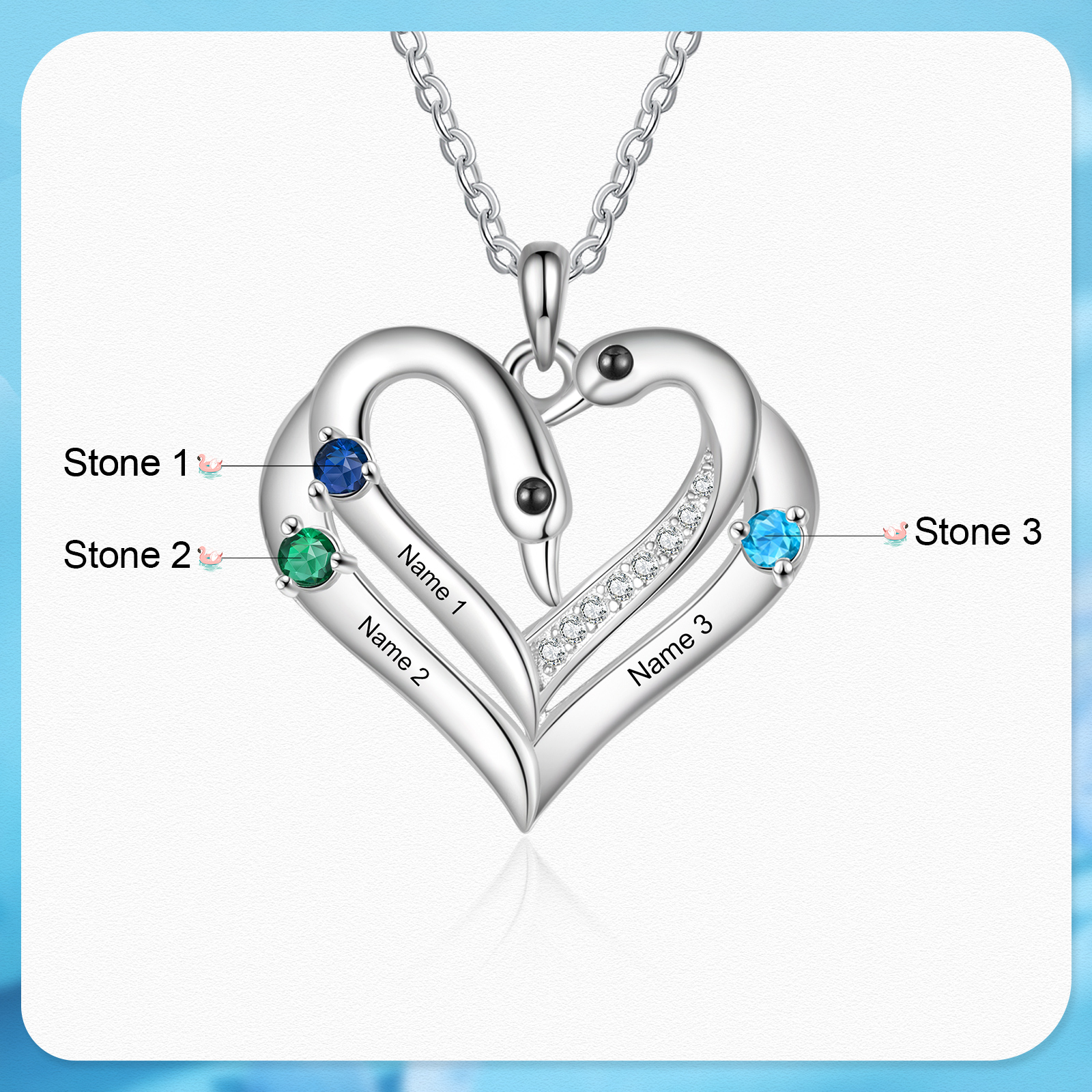 Personalised Heart-Shaped Birthstone Necklace Customise 2 or3 or 4 Names Thoughtful Gift for Her