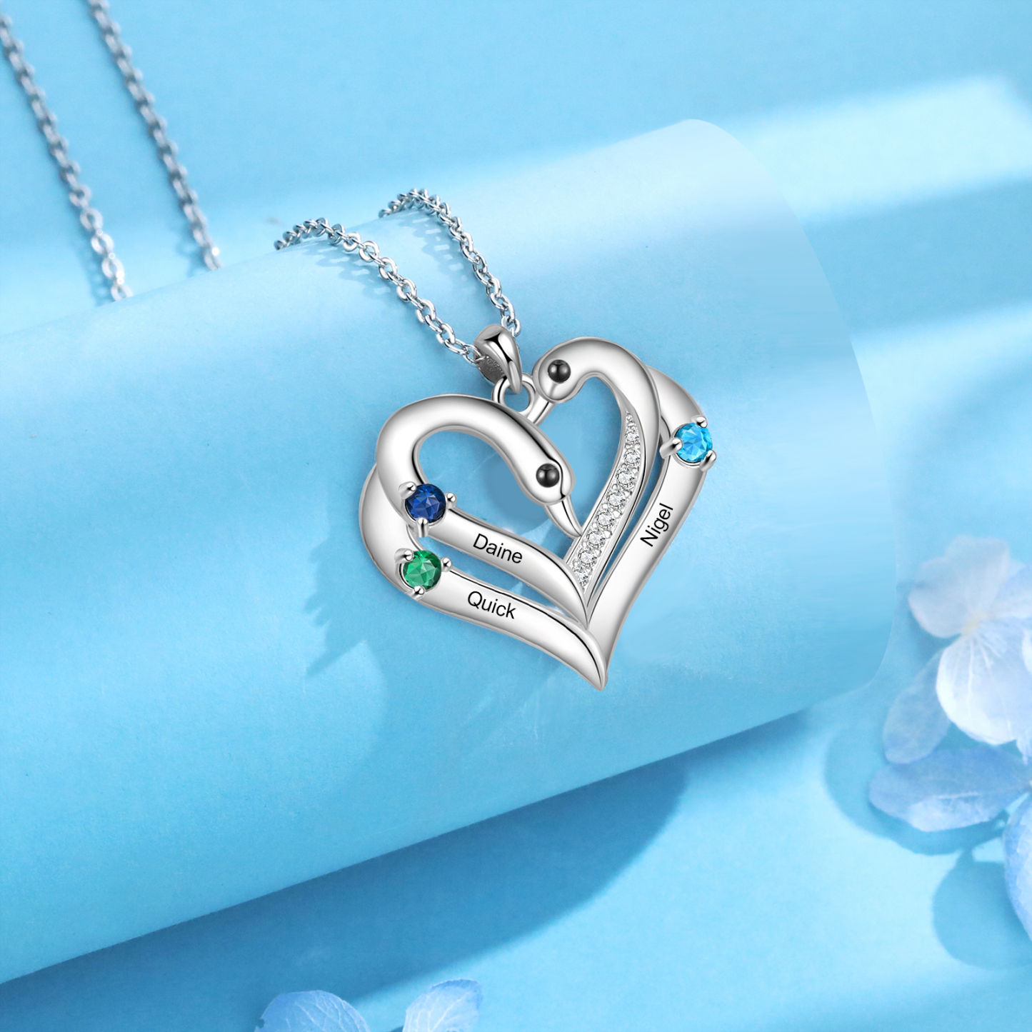 Personalised Heart-Shaped Birthstone Necklace Customise 2 or3 or 4 Names Thoughtful Gift for Her