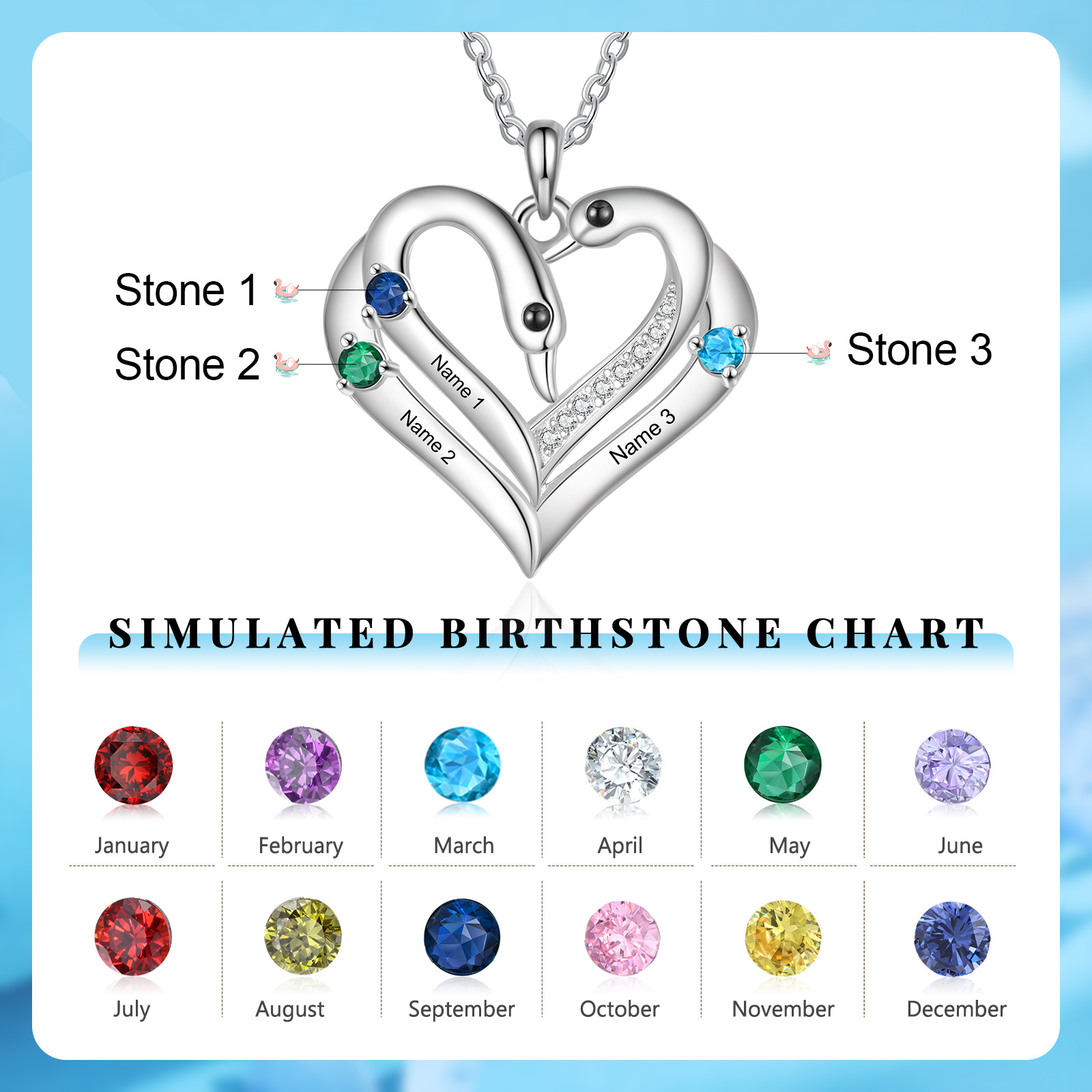 Personalised Heart-Shaped Birthstone Necklace Customise 2 or3 or 4 Names Thoughtful Gift for Her