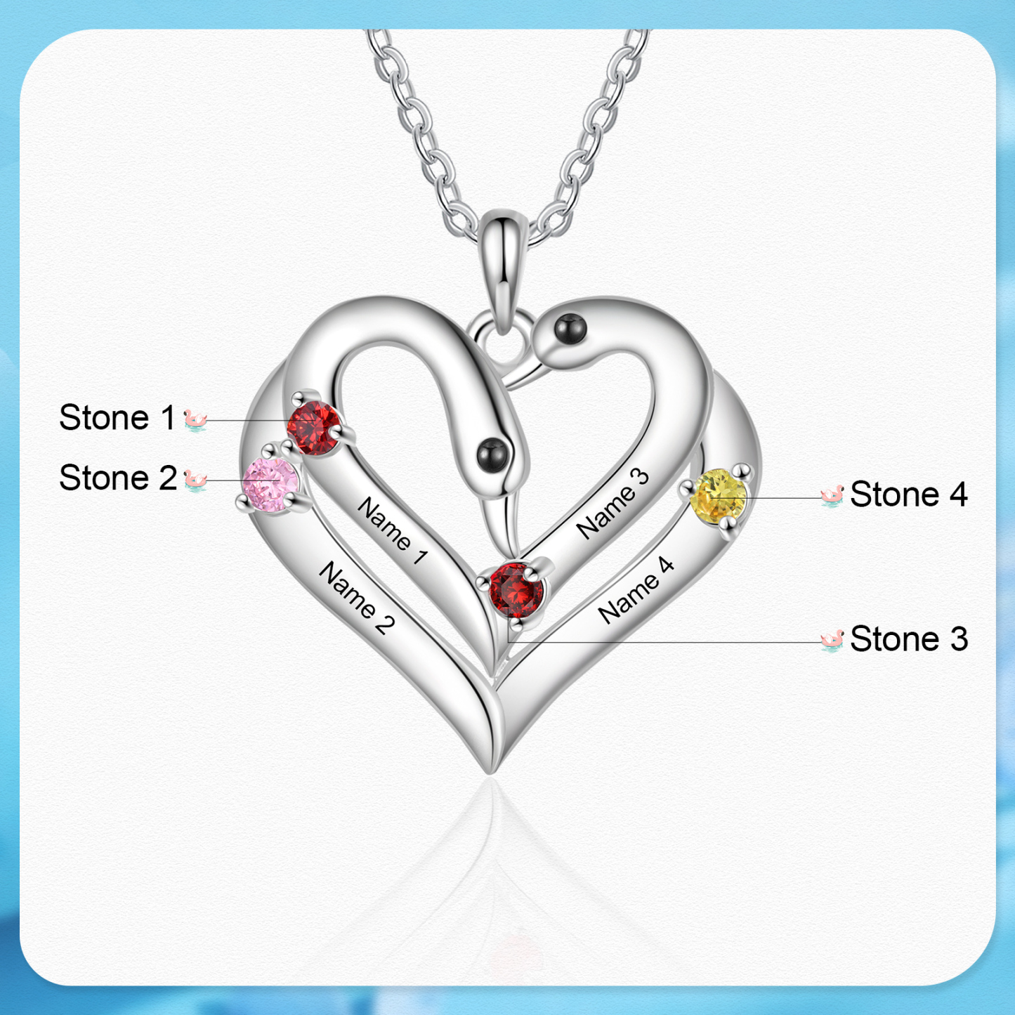 Personalised Heart-Shaped Birthstone Necklace Customise 2 or3 or 4 Names Thoughtful Gift for Her
