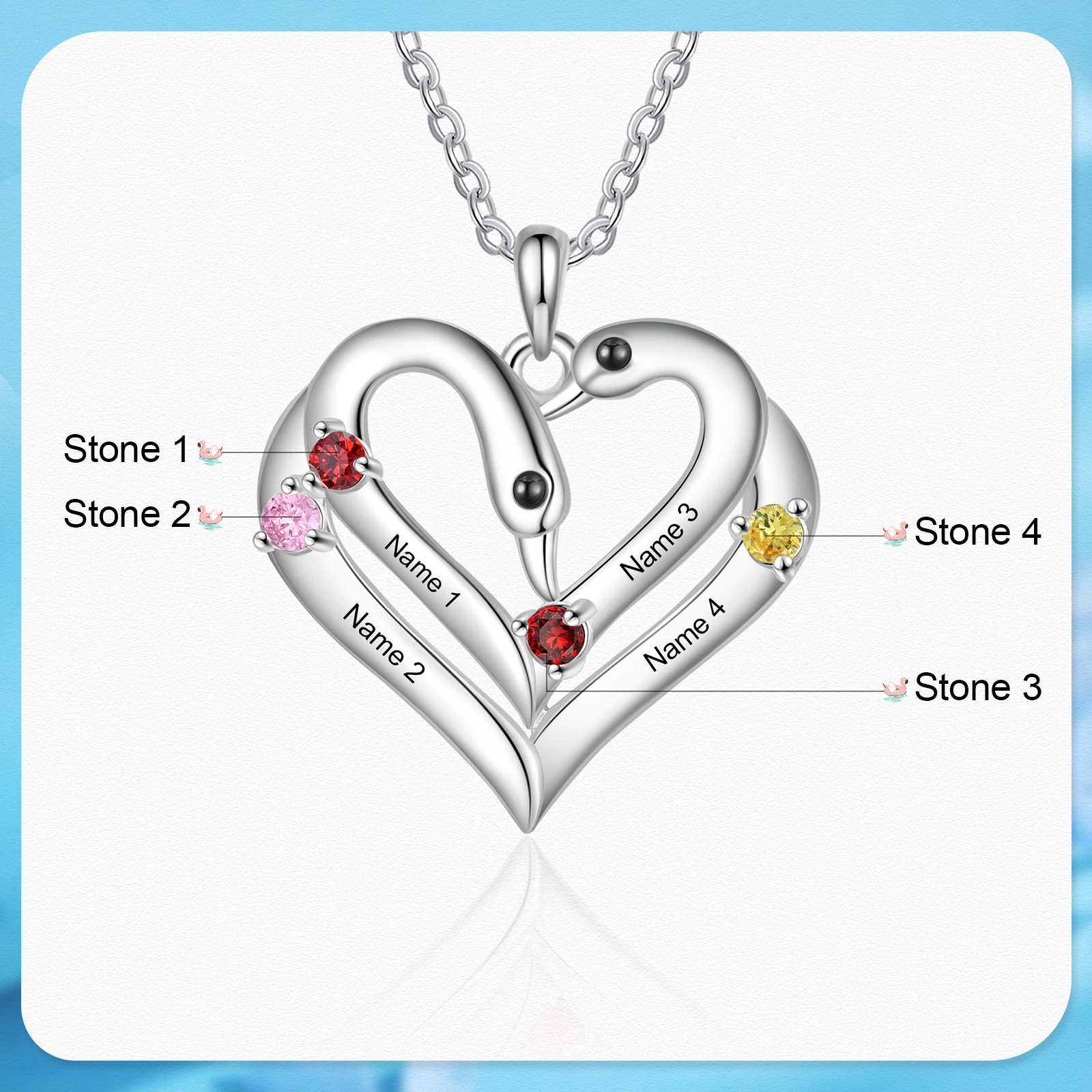 Personalised Heart-Shaped Birthstone Necklace Customise 2 or3 or 4 Names Thoughtful Gift for Her
