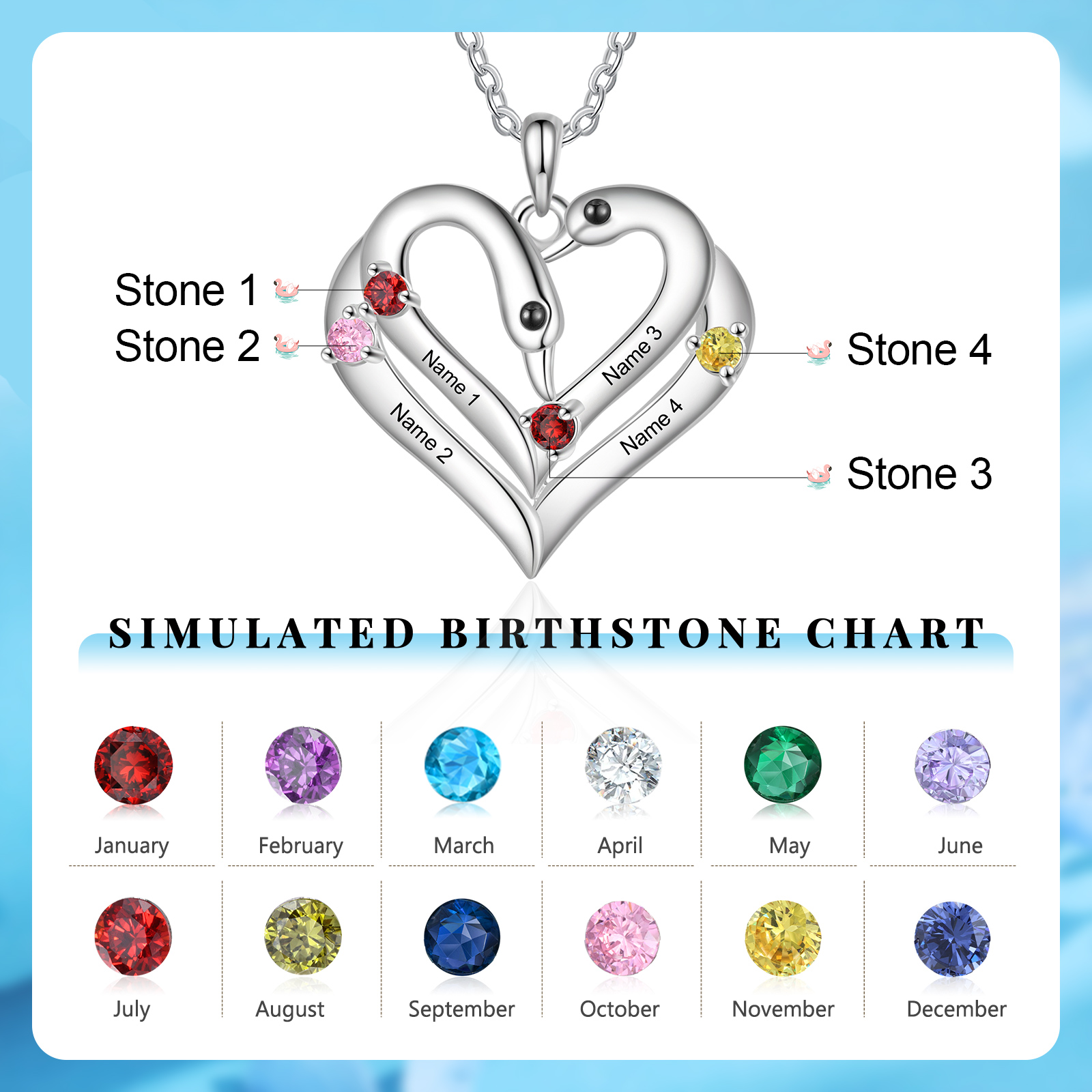 Personalised Heart-Shaped Birthstone Necklace Customise 2 or3 or 4 Names Thoughtful Gift for Her